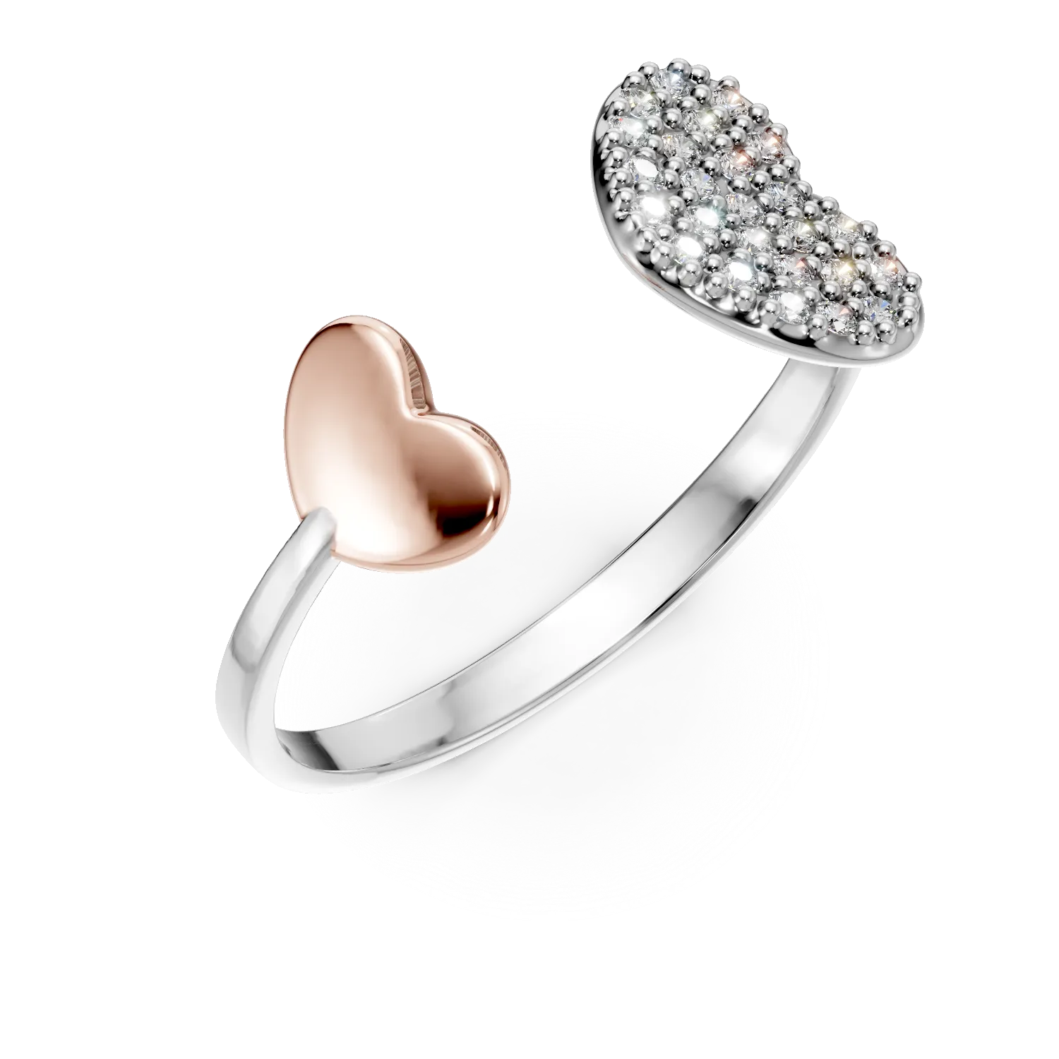 Inel deschis cu inimi din aur alb-roz cu zirconii