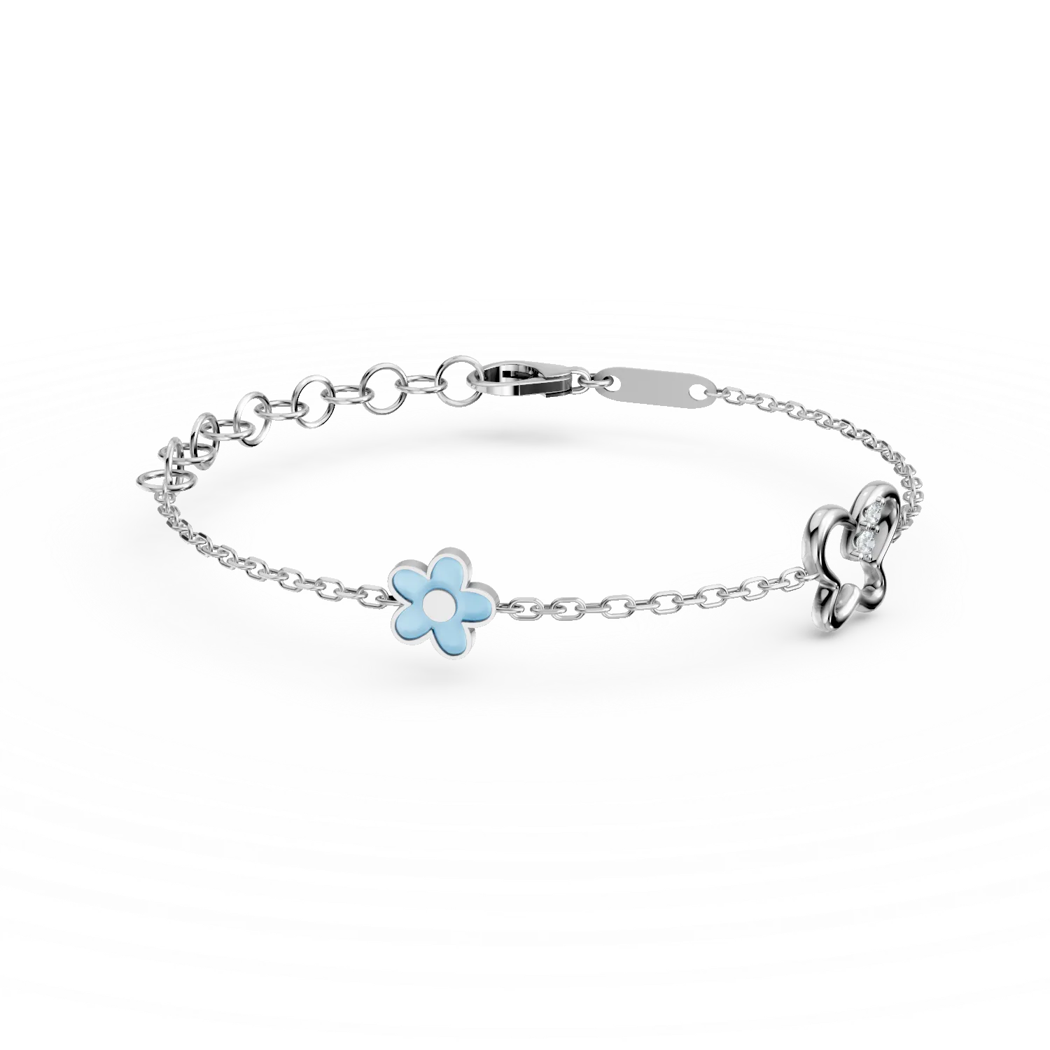 Bratara cu pandantive fluture si si floare din aur alb pentru copii