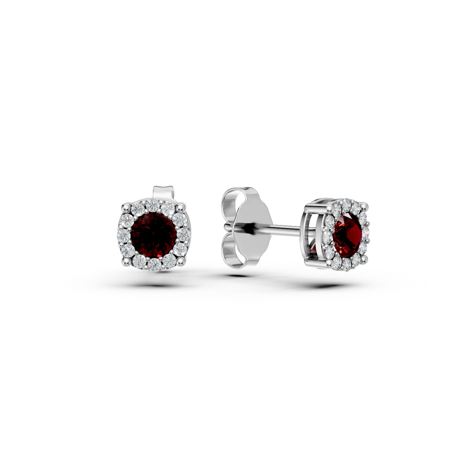 Cercei stud din aur alb cu zirconii rosii si incolore