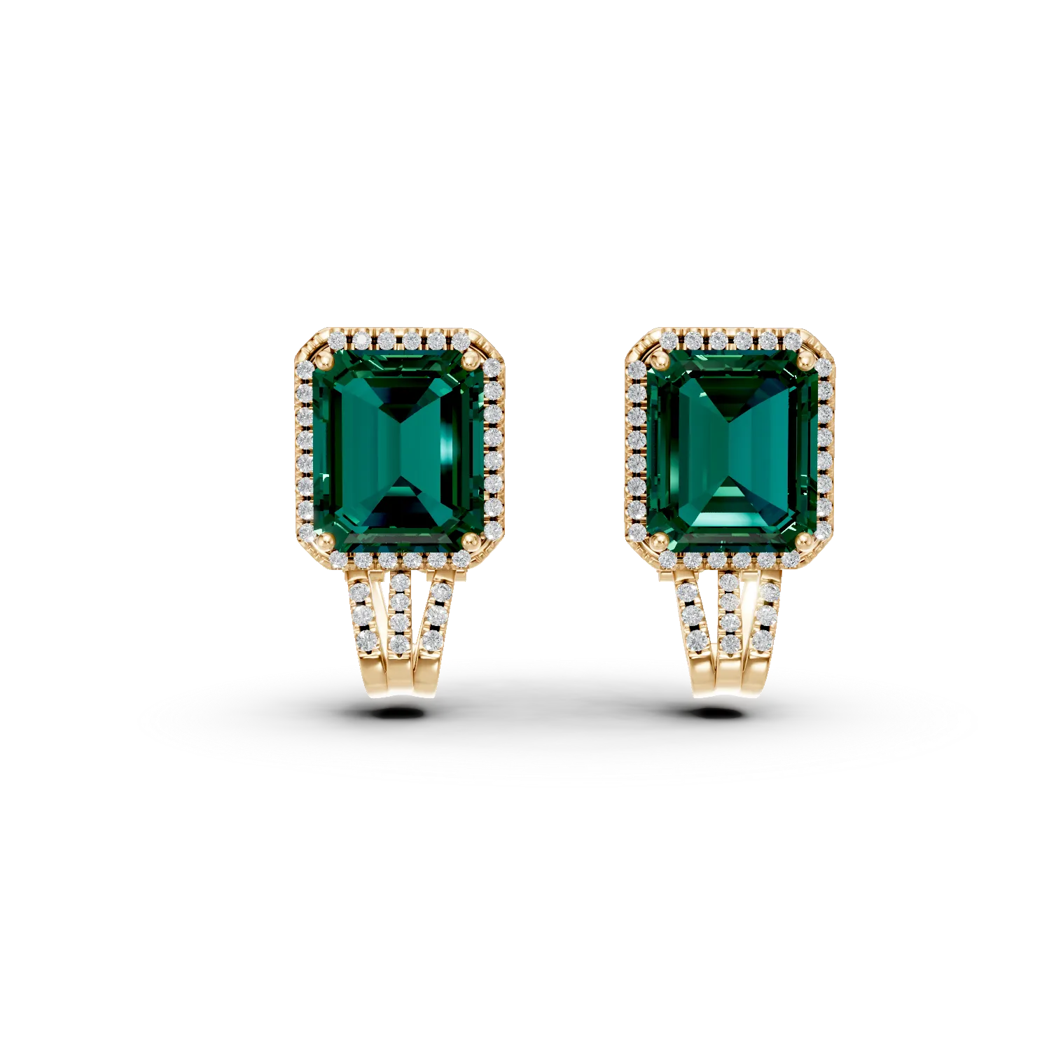 Cercei geometrici din aur galben cu diamante si smaralde de 2.8ct create in laborator