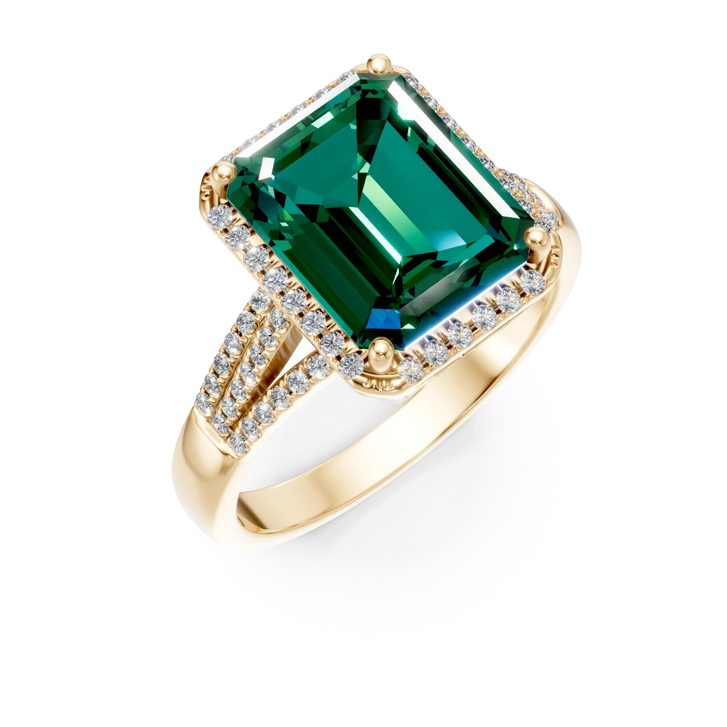 Inel din aur galben cu diamante si smaralde de 2.3ct create in laborator