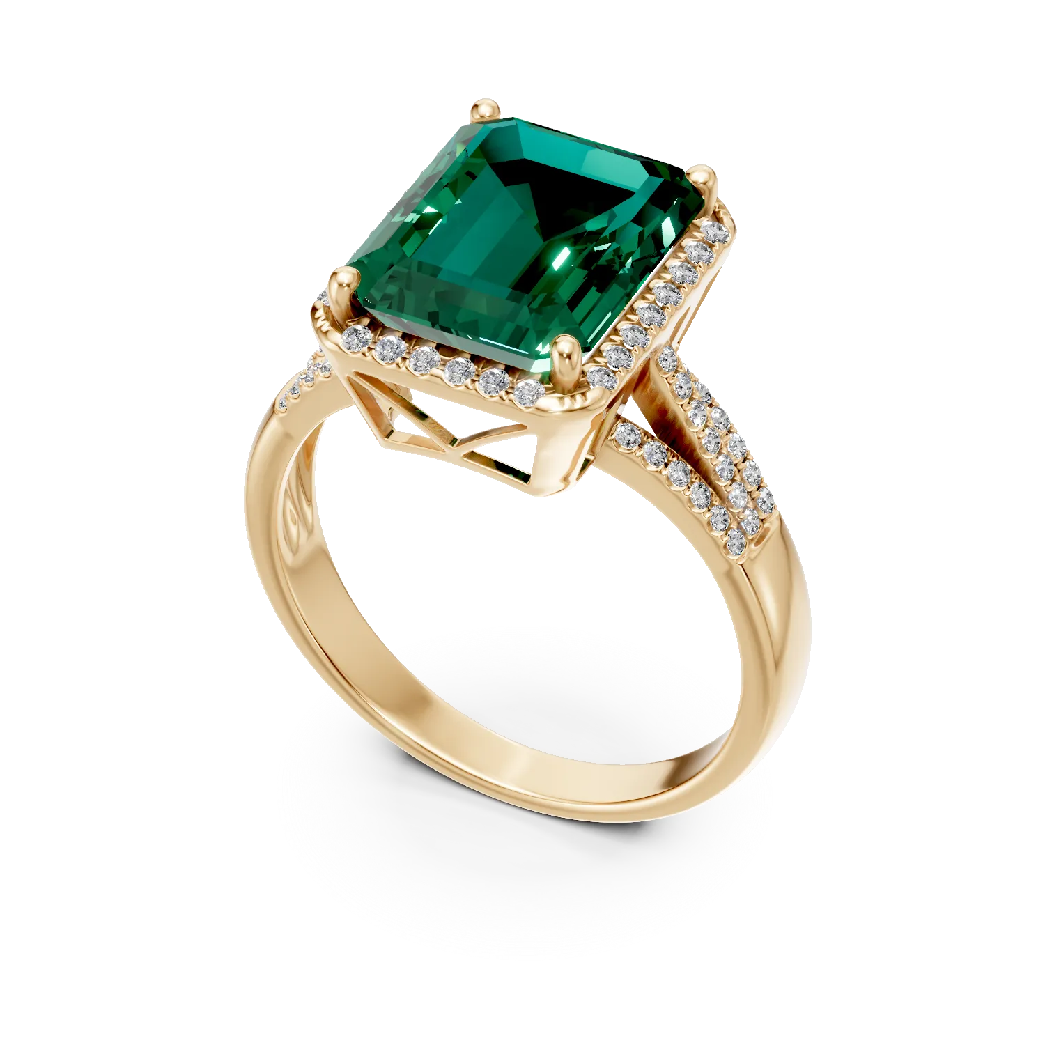 Inel din aur galben cu diamante si smaralde de 2.3ct create in laborator