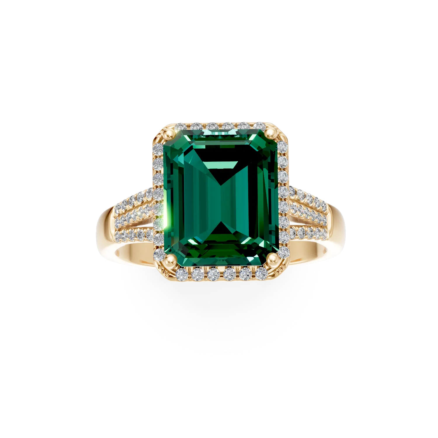 Inel din aur galben cu diamante si smaralde de 2.3ct create in laborator