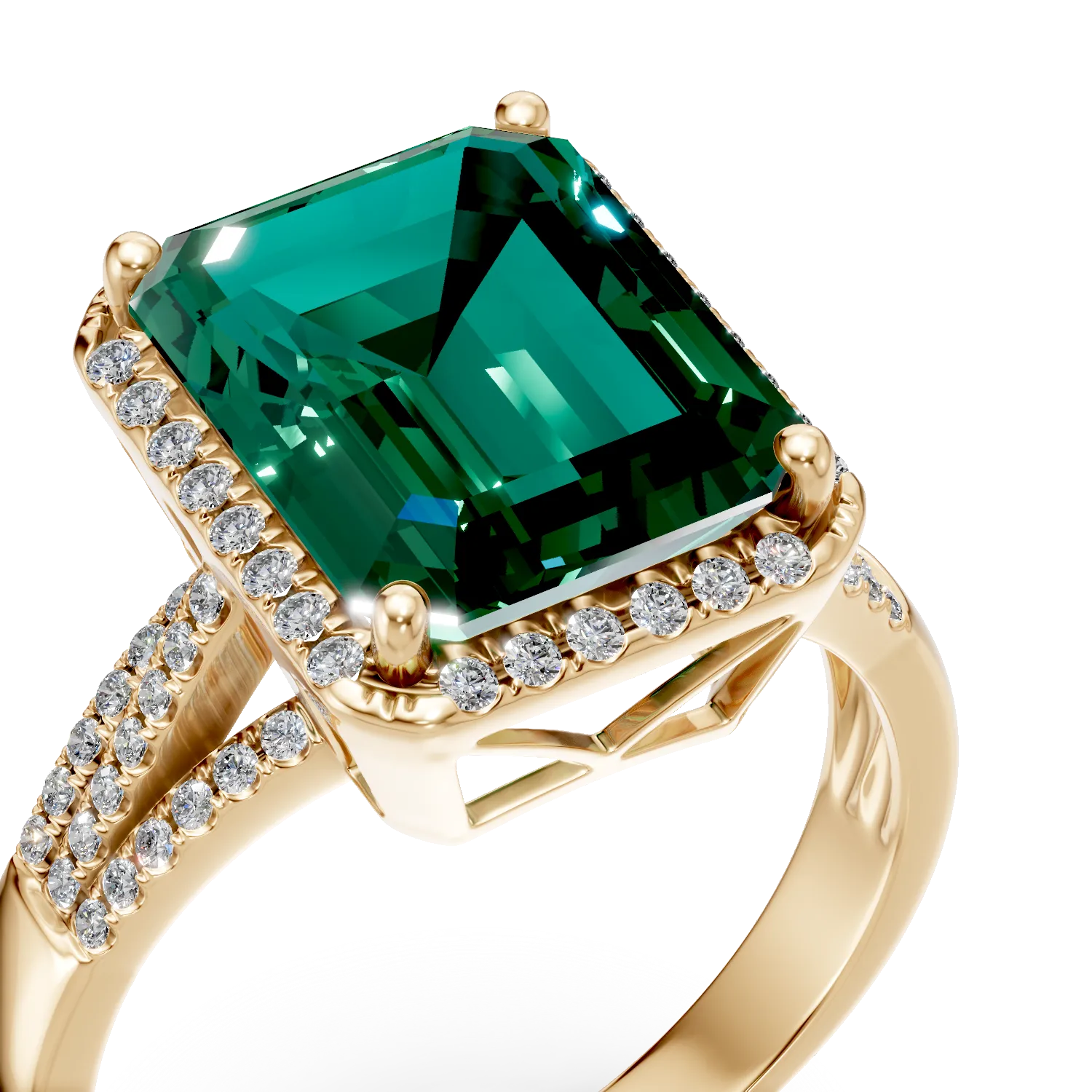 Inel din aur galben cu diamante si smaralde de 2.2ct create in laborator