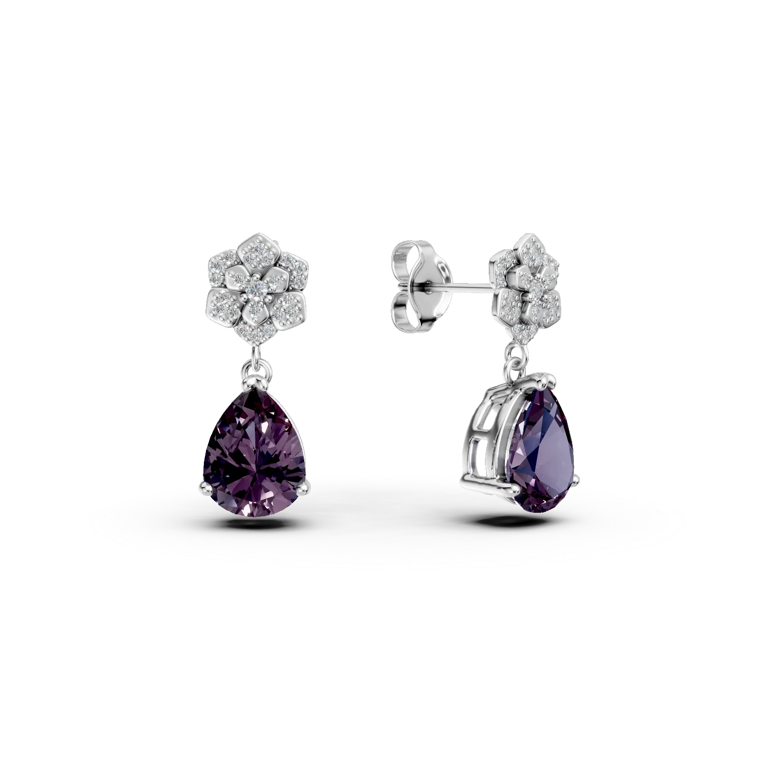 Cercei din argint cu zirconii mov si transparente