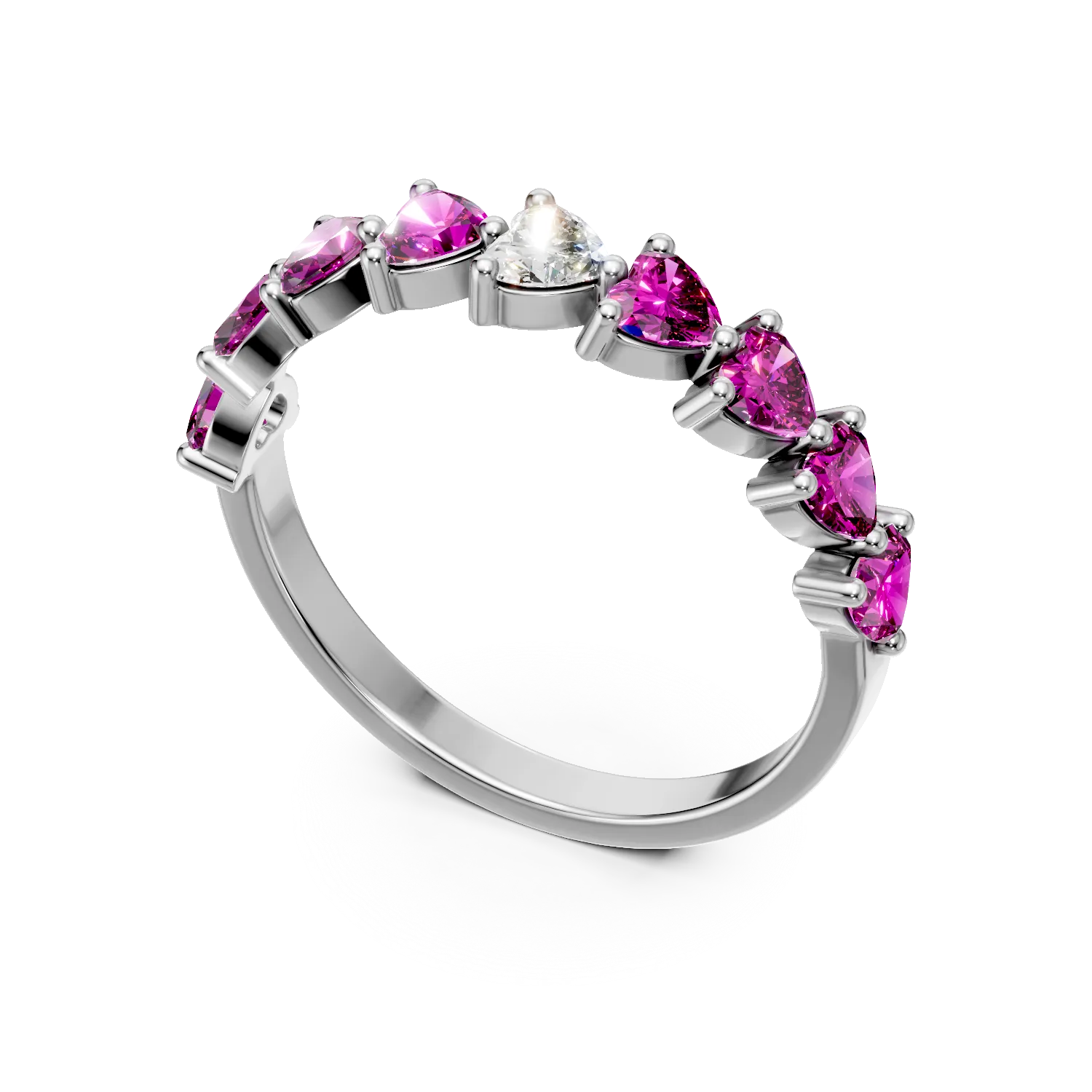 Inel semi eternity din argint cu zirconii roz si transparente