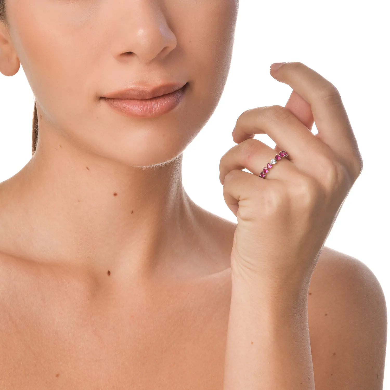 Inel semi eternity din argint cu zirconii roz si transparente