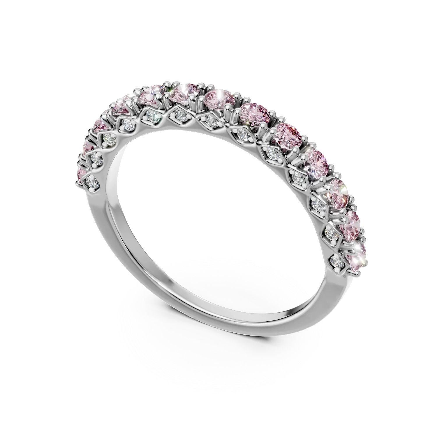 Inel semi eternity din argint cu zirconii roz si transparente