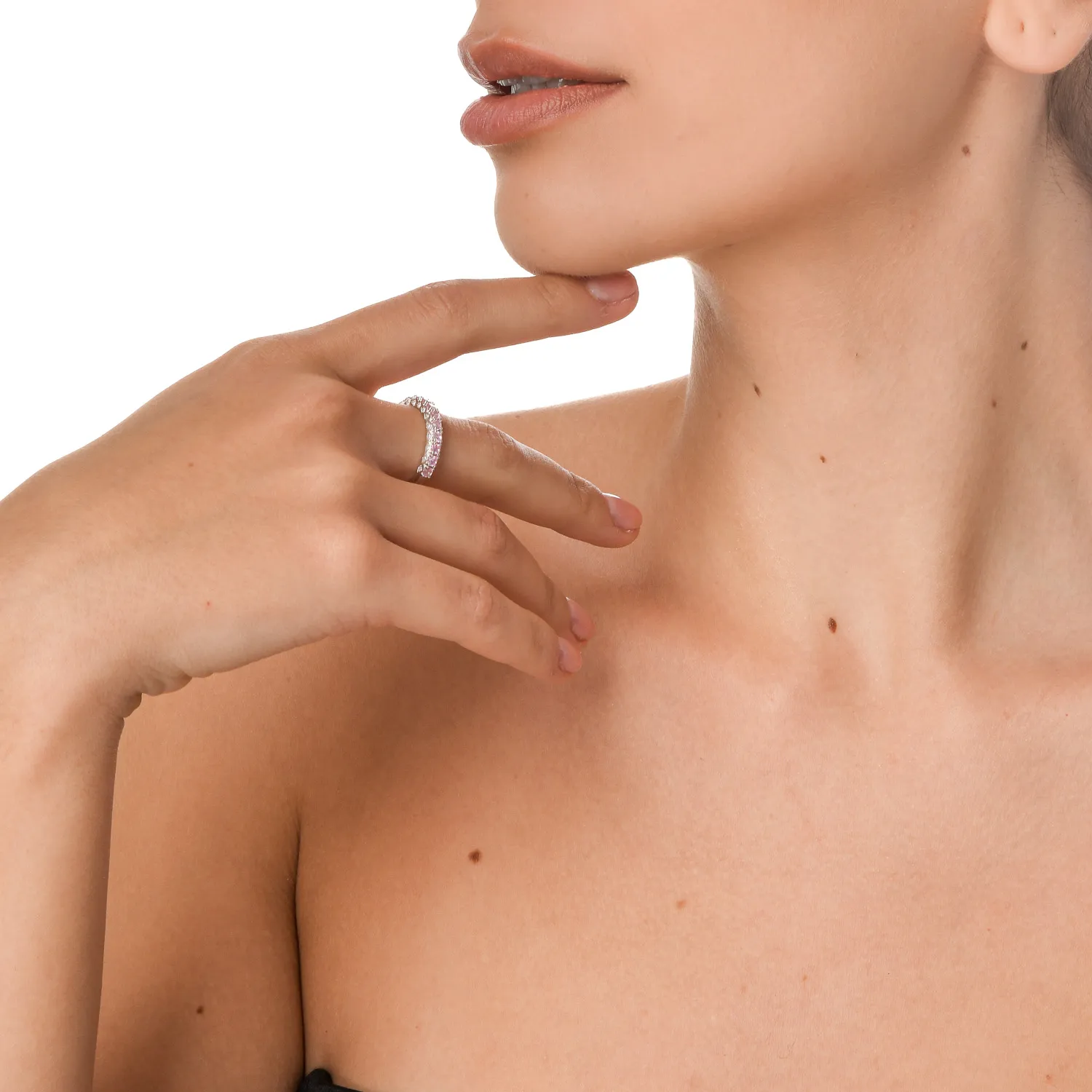 Inel semi eternity din argint cu zirconii roz si transparente