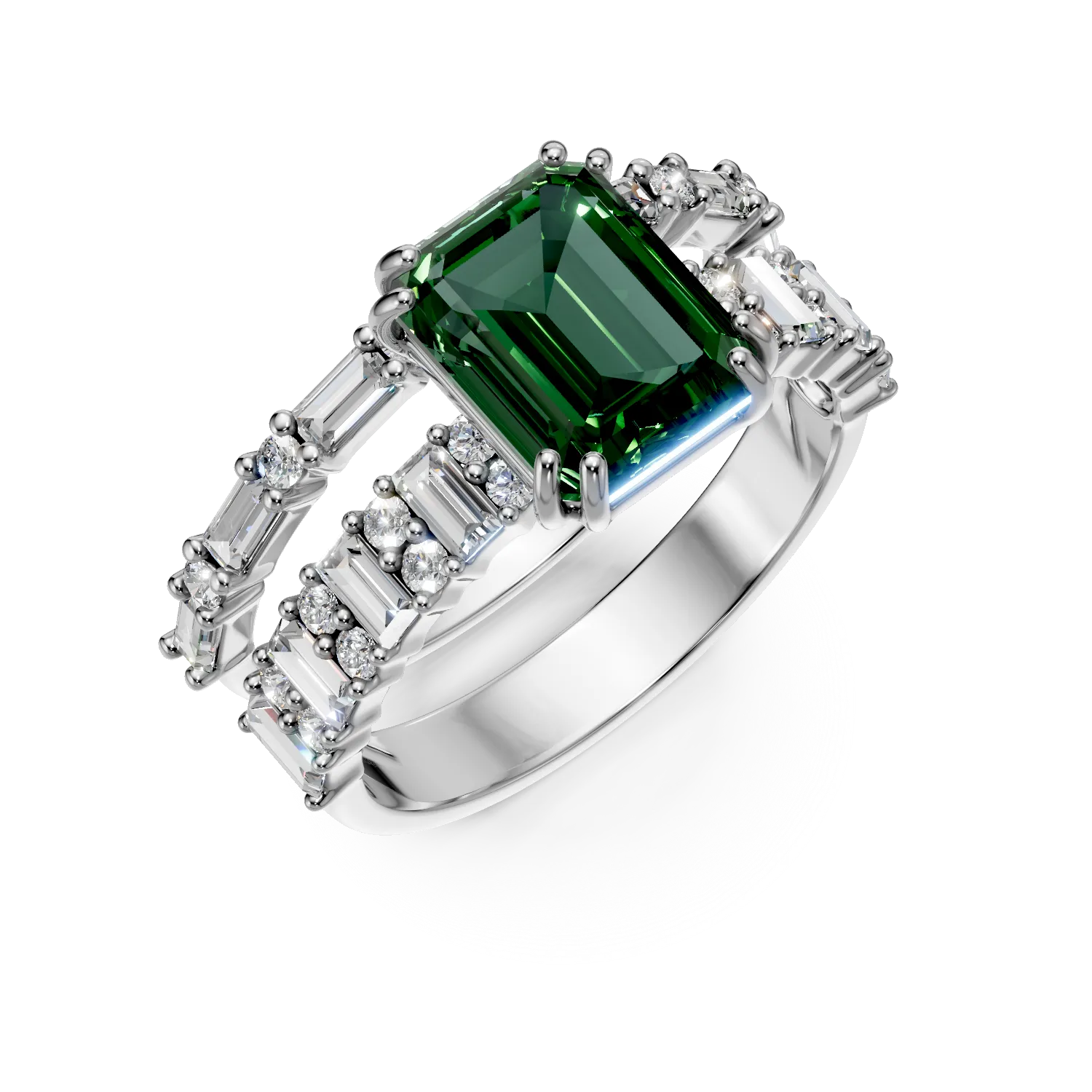 Inel din aur alb cu smarald si diamante de 3.2ct create in laborator