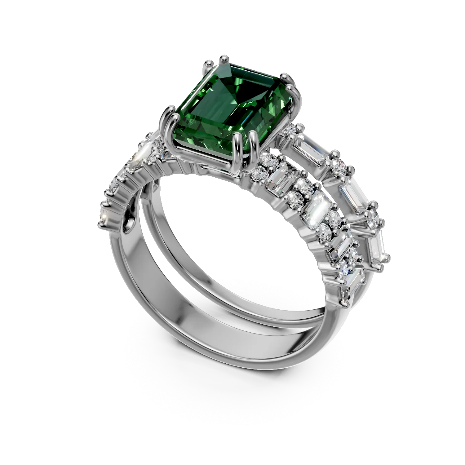 Inel din aur alb cu smarald si diamante de 3.2ct create in laborator
