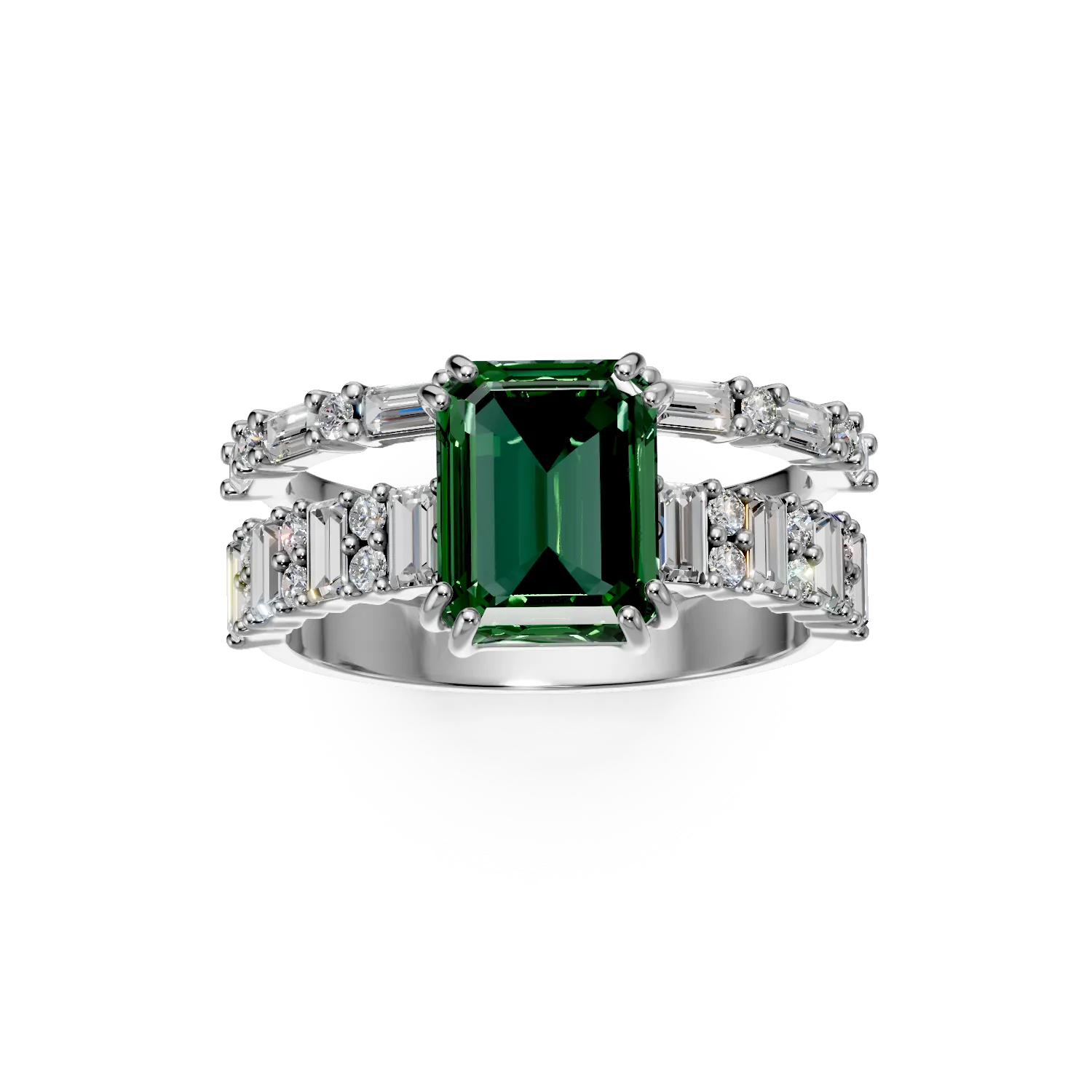 Inel din aur alb cu smarald si diamante de 3.2ct create in laborator