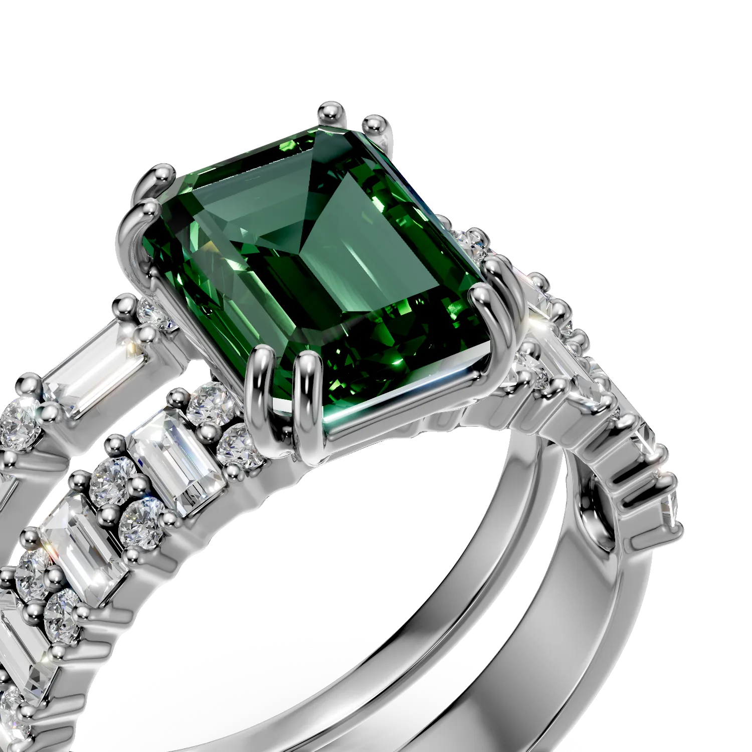 Inel din aur alb cu smarald si diamante de 3.2ct create in laborator