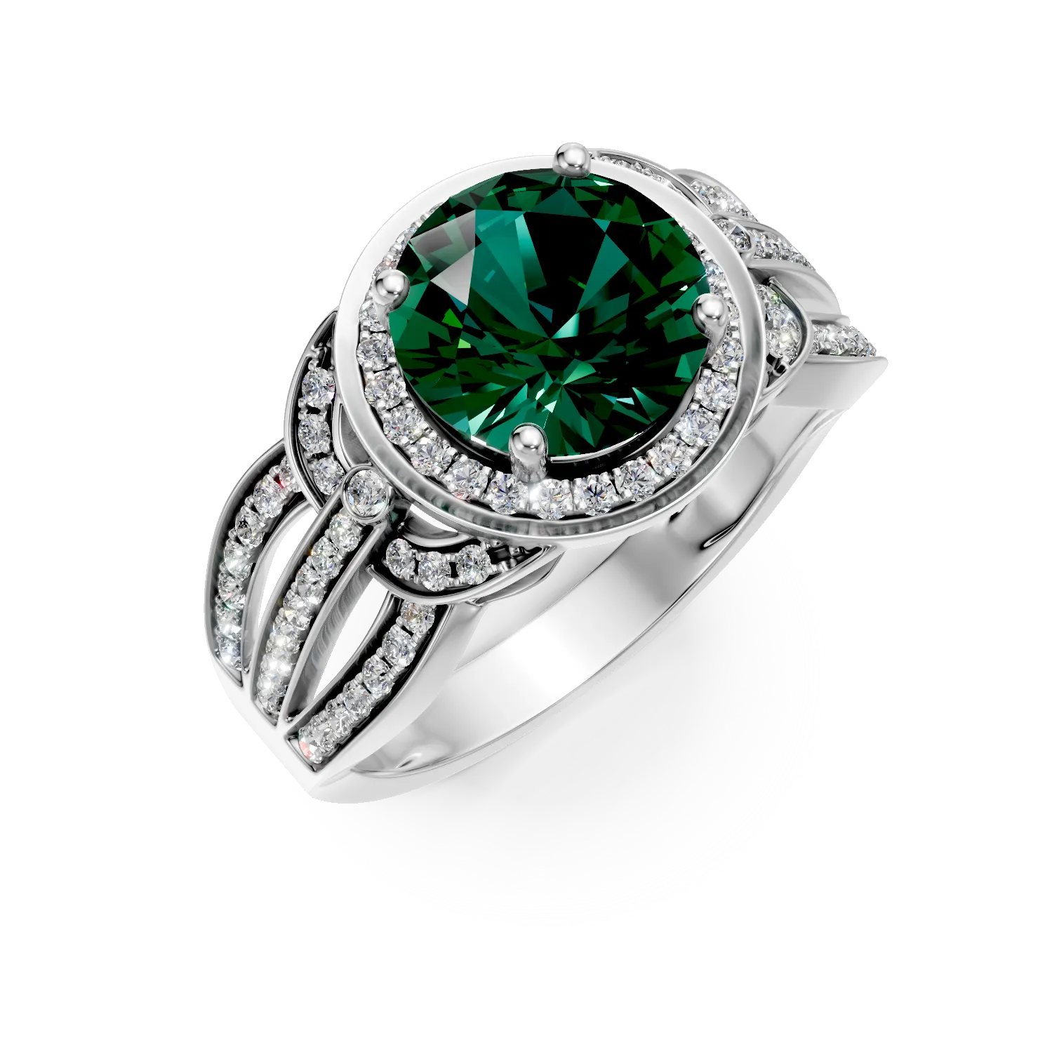 Inel din aur alb cu smarald si diamante de 2.2ct create in laborator