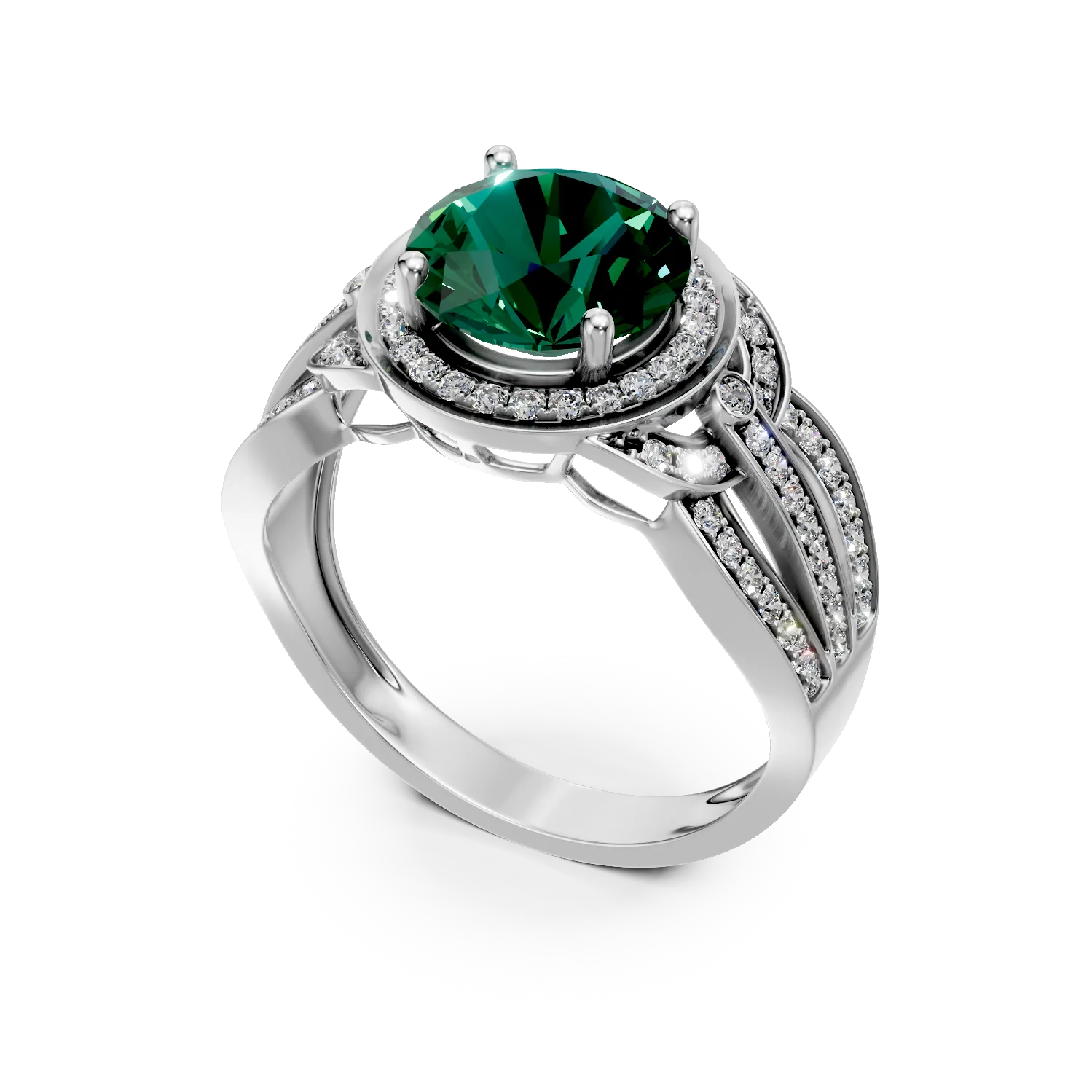 Inel din aur alb cu smarald si diamante de 2.2ct create in laborator