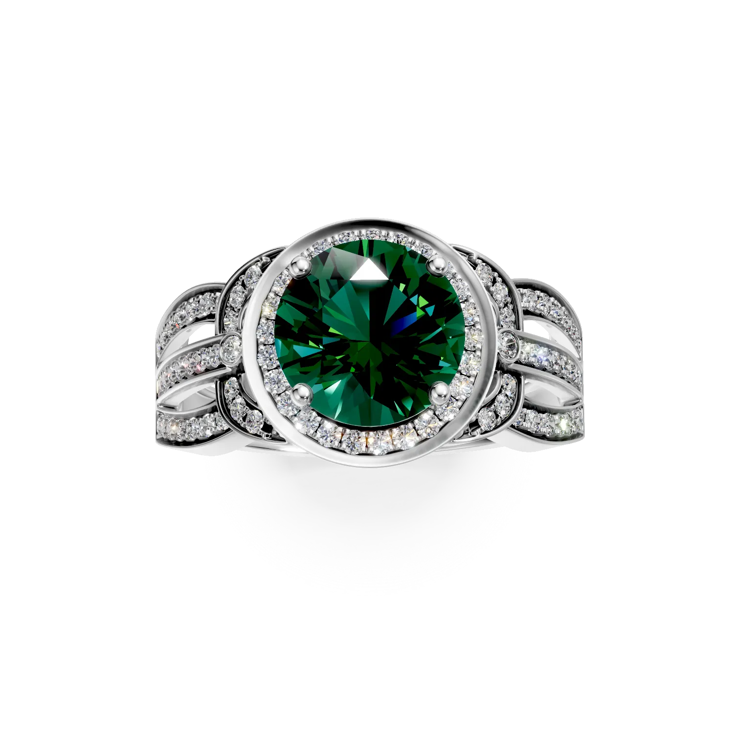 Inel din aur alb cu smarald si diamante de 2.2ct create in laborator