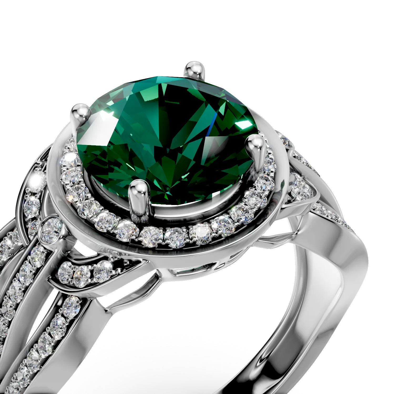 Inel din aur alb cu smarald si diamante de 2.2ct create in laborator