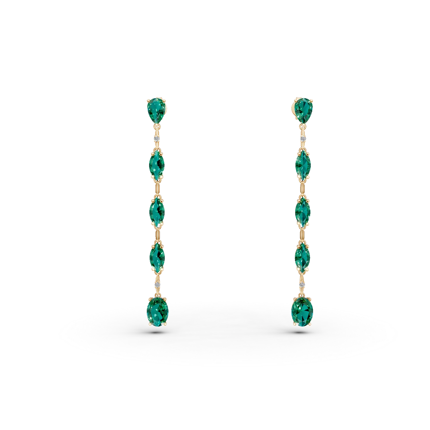 Cercei lungi din aur galben cu smaralde si diamante de 7.1ct create in laborator