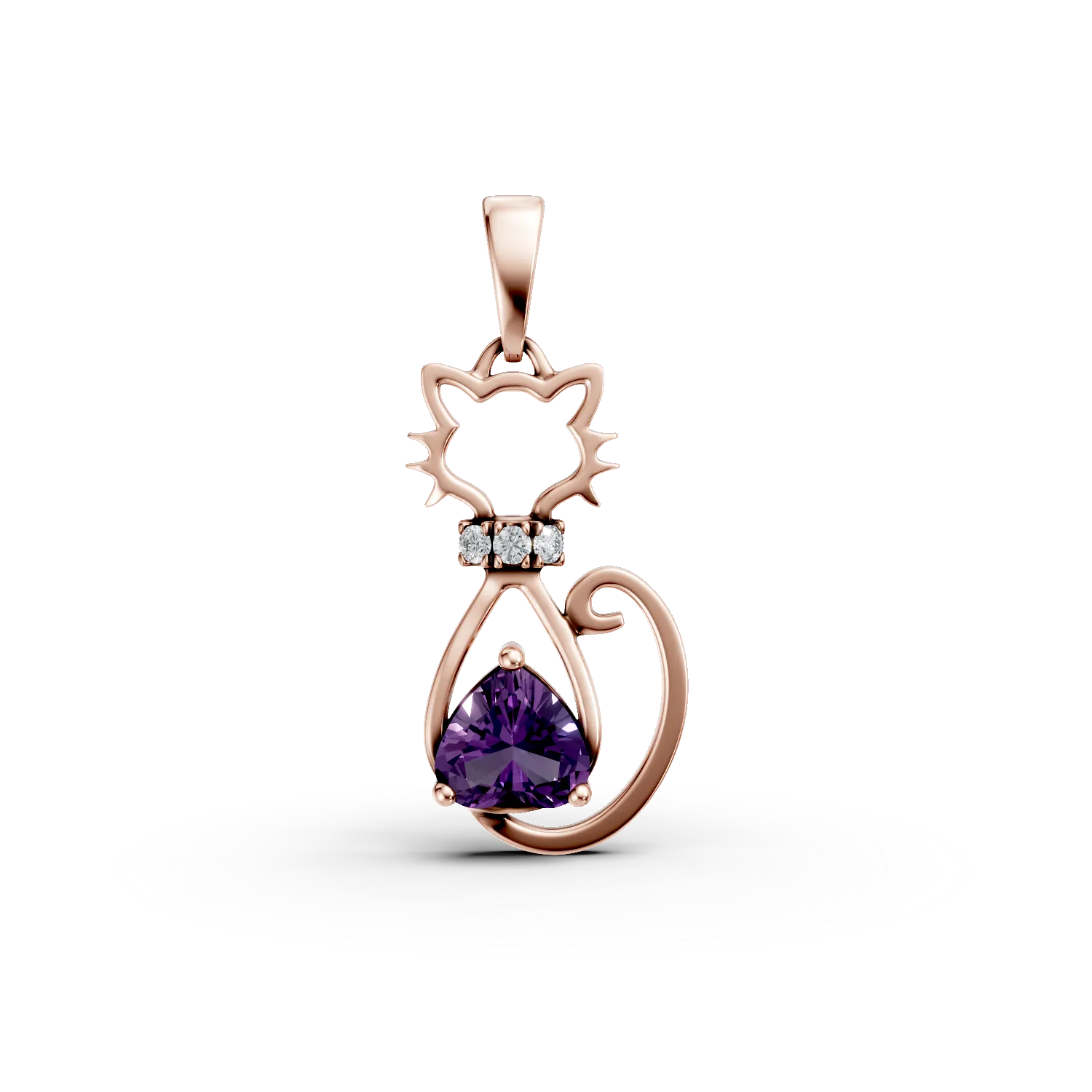 Pandantiv pisicuta din aur roz cu ametist de 0.1ct si diamante de 0.007ct create in laborator pentru copii