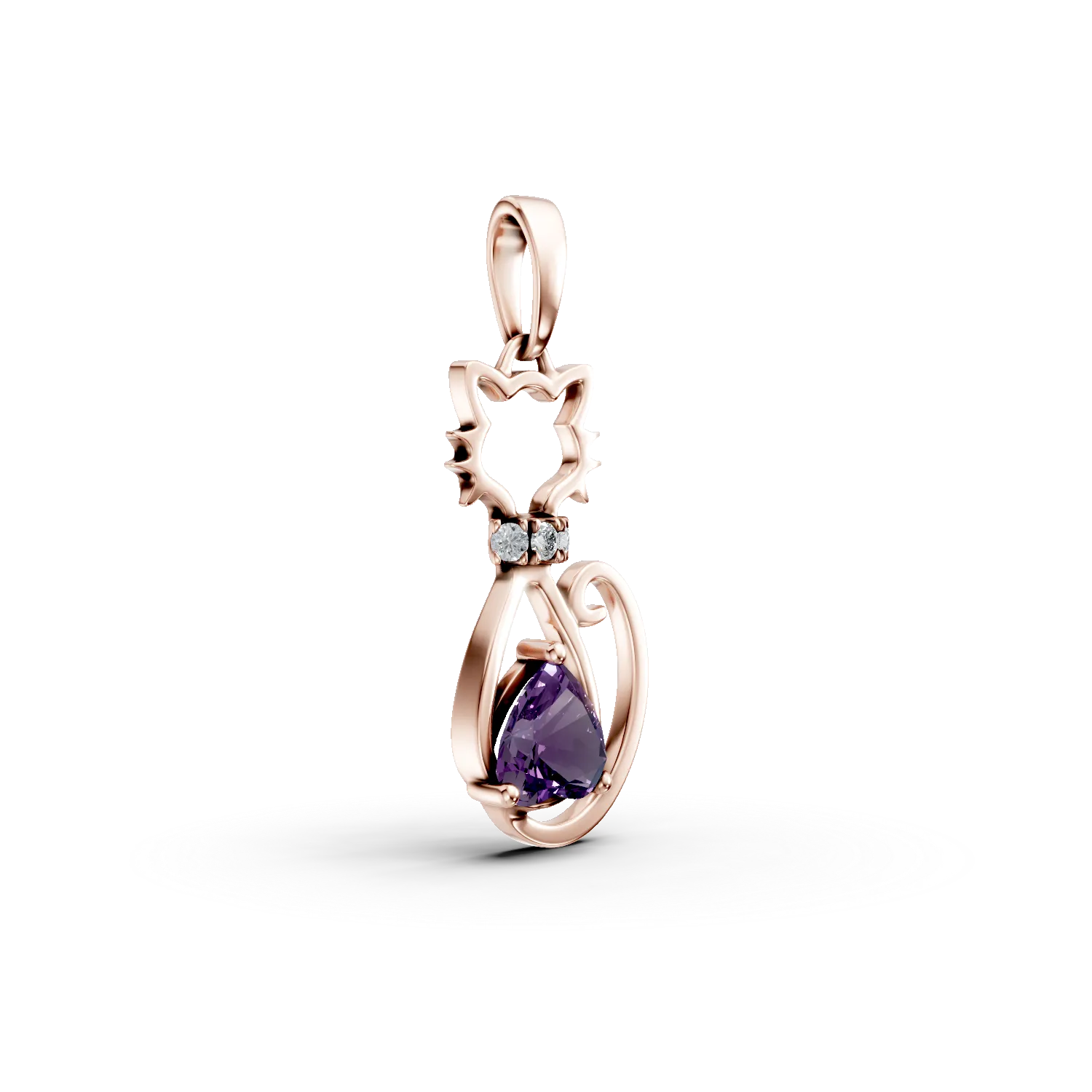 Pandantiv pisicuta din aur roz cu ametist de 0.1ct si diamante de 0.007ct create in laborator pentru copii