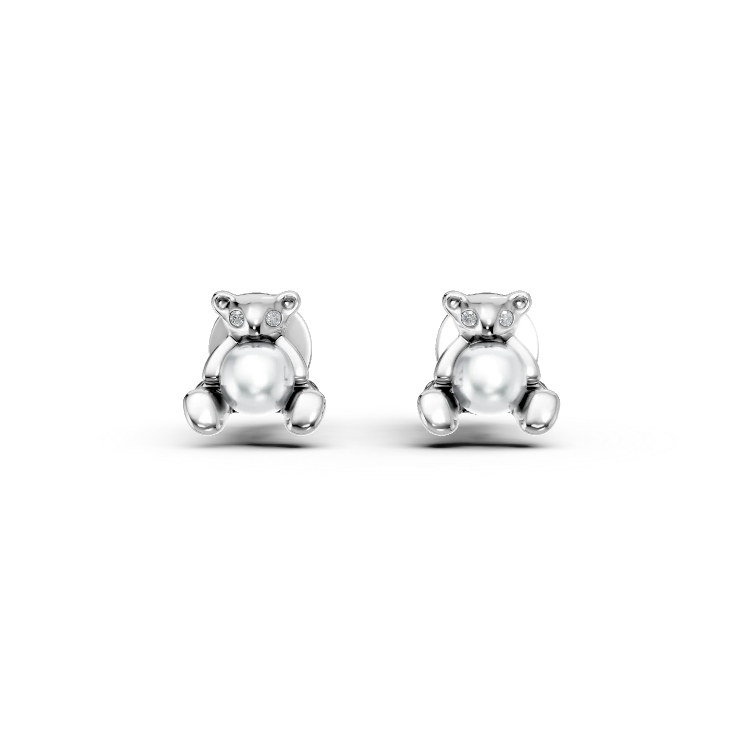 Cercei ursuleti din aur alb cu perle de cultura si diamante de 0.01ct create in laborator pentru copii