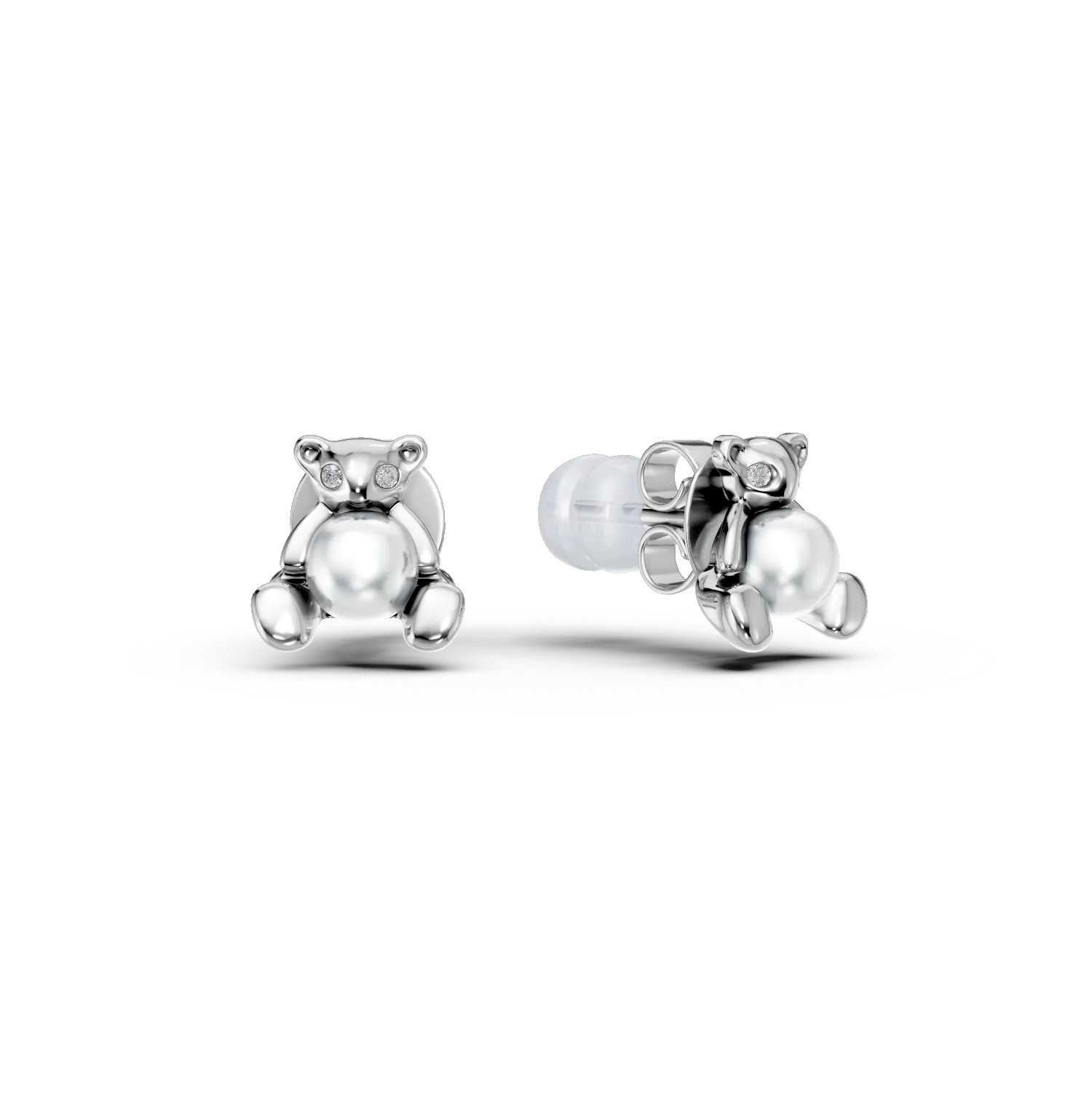Cercei ursuleti din aur alb cu perle de cultura si diamante de 0.01ct create in laborator pentru copii