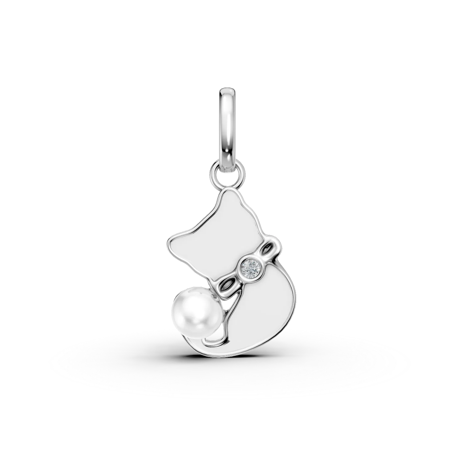 Pandantiv pisicuta din aur alb cu perla de cultura si diamant de 0.004ct creat in laborator pentru copii