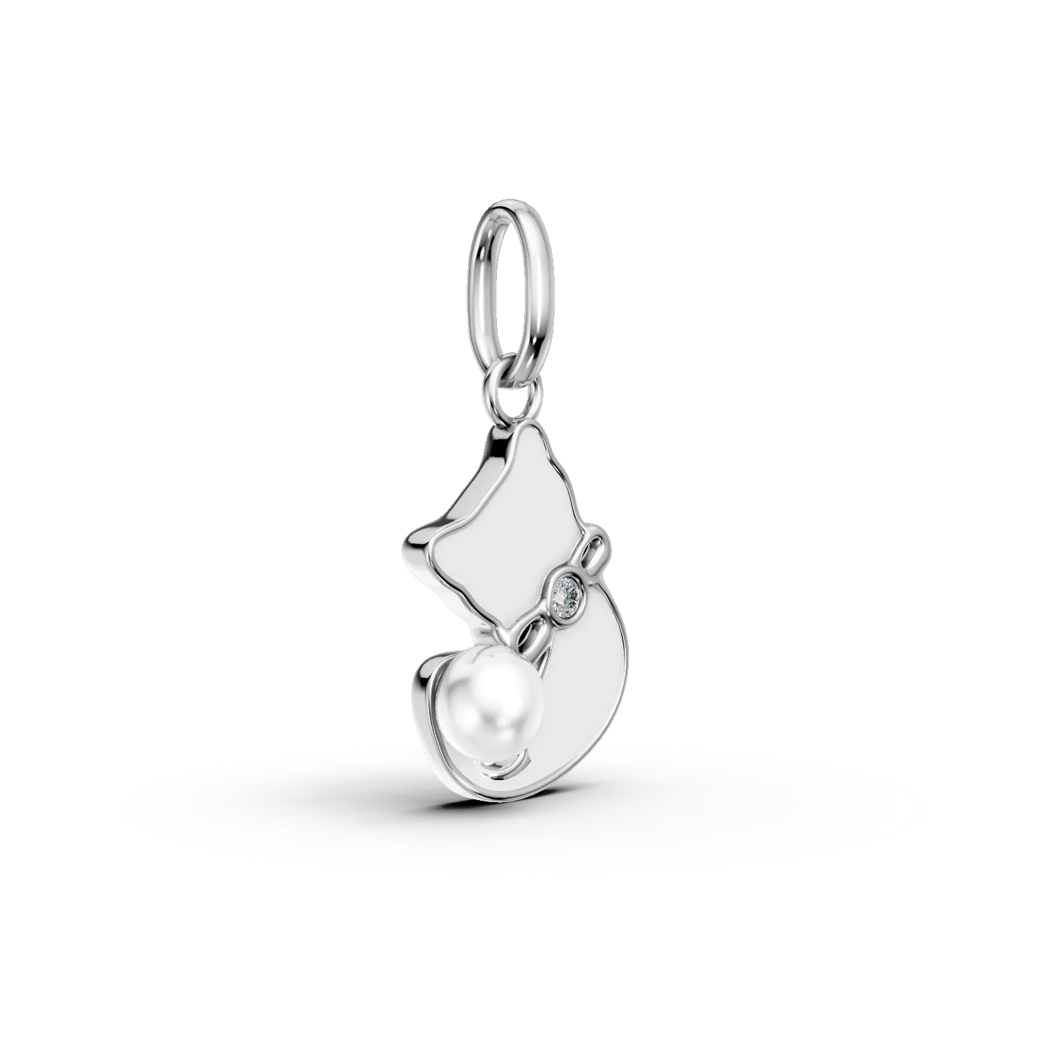 Pandantiv pisicuta din aur alb cu perla de cultura si diamant de 0.004ct creat in laborator pentru copii