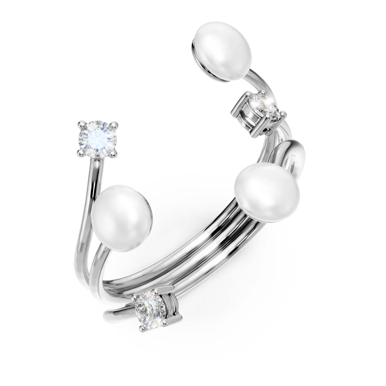 Inel deschis din argint cu zirconii si perle sintetice