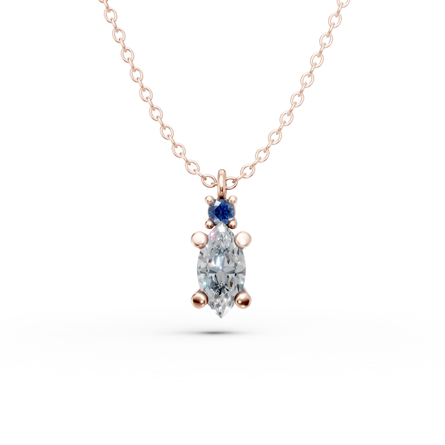 Lant cu pandantiv minimalist din aur roz cu zirconii alba si albastra