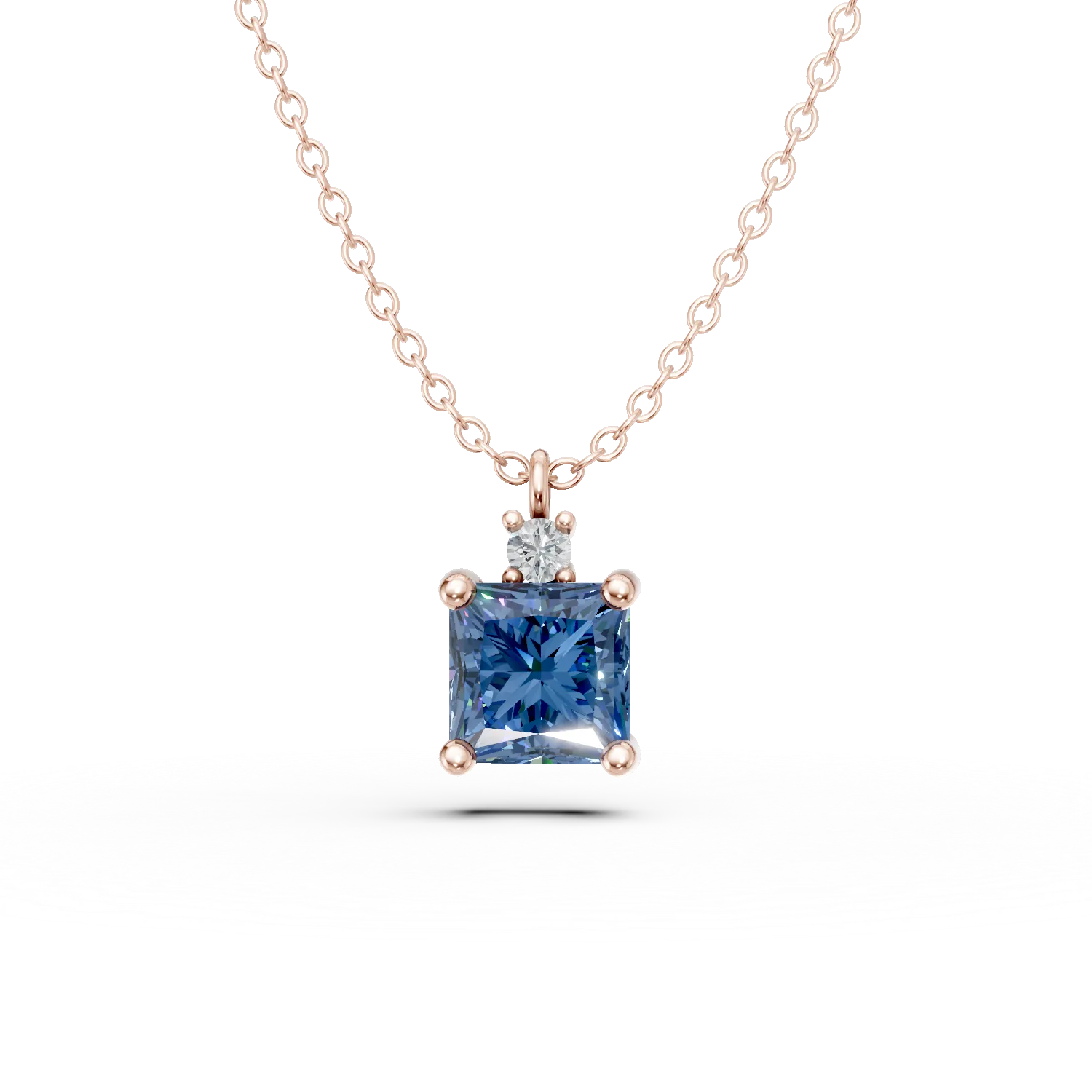 Lant cu pandantiv minimalist din aur roz cu zirconii alba si albastra