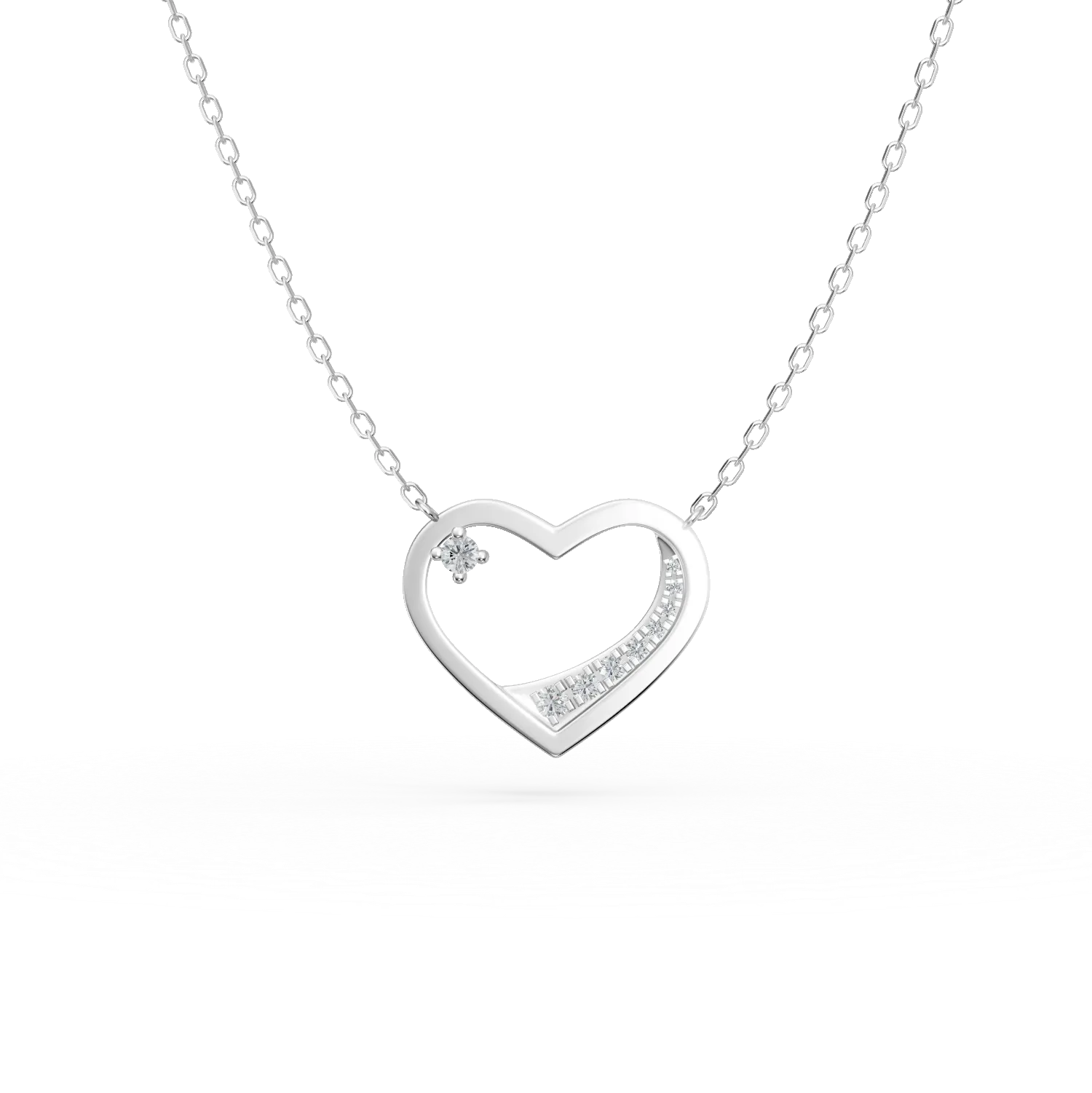 Lant cu pandantiv inima din aur alb cu diamante de 0.07ct create in laborator
