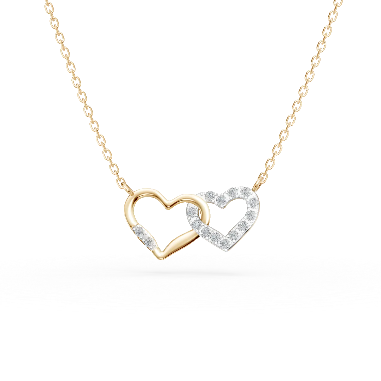 Lant cu pandantiv inimi din aur galben cu diamante de 0.1ct create in laborator