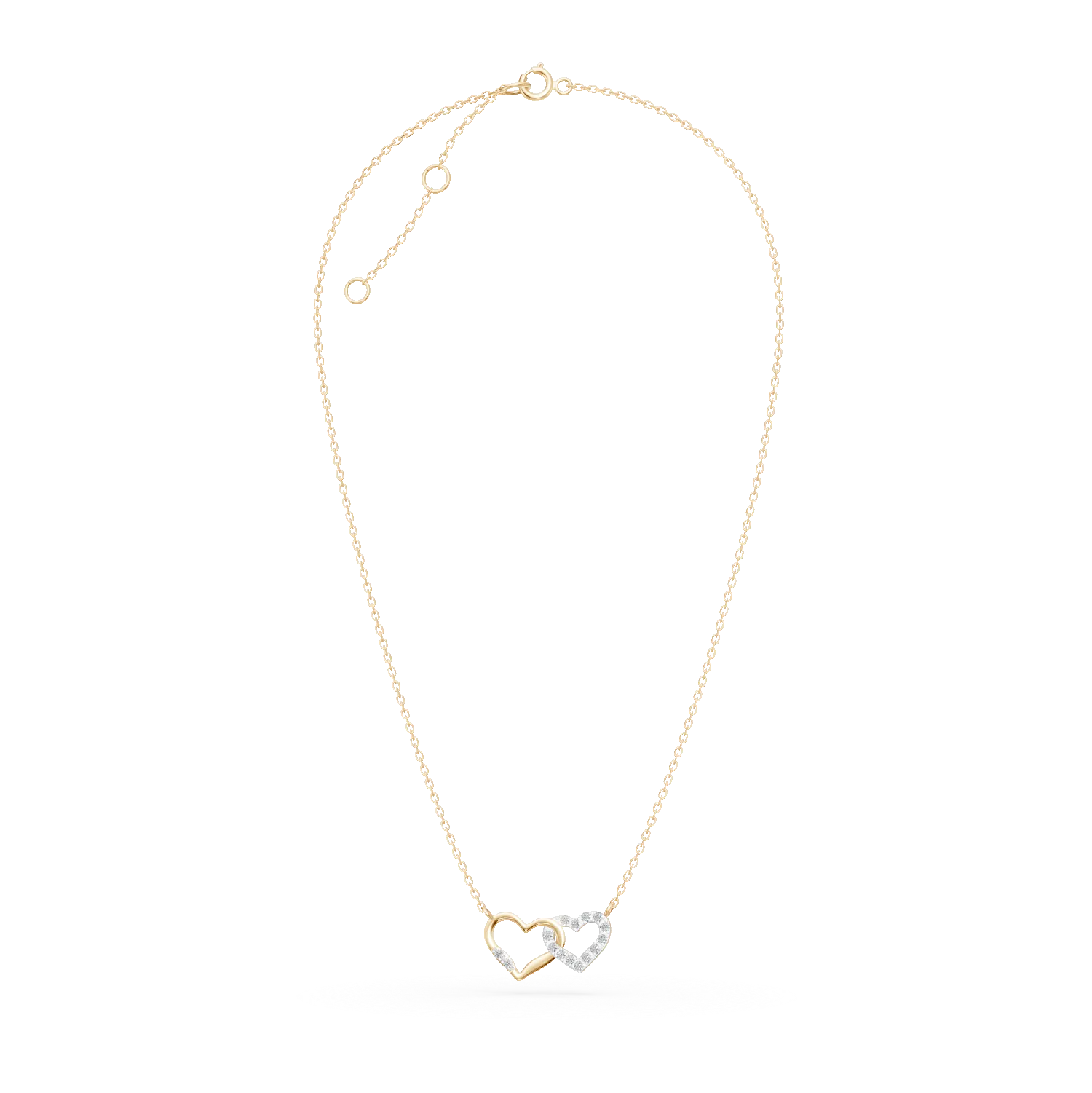 Lant cu pandantiv inimi din aur galben cu diamante de 0.1ct create in laborator
