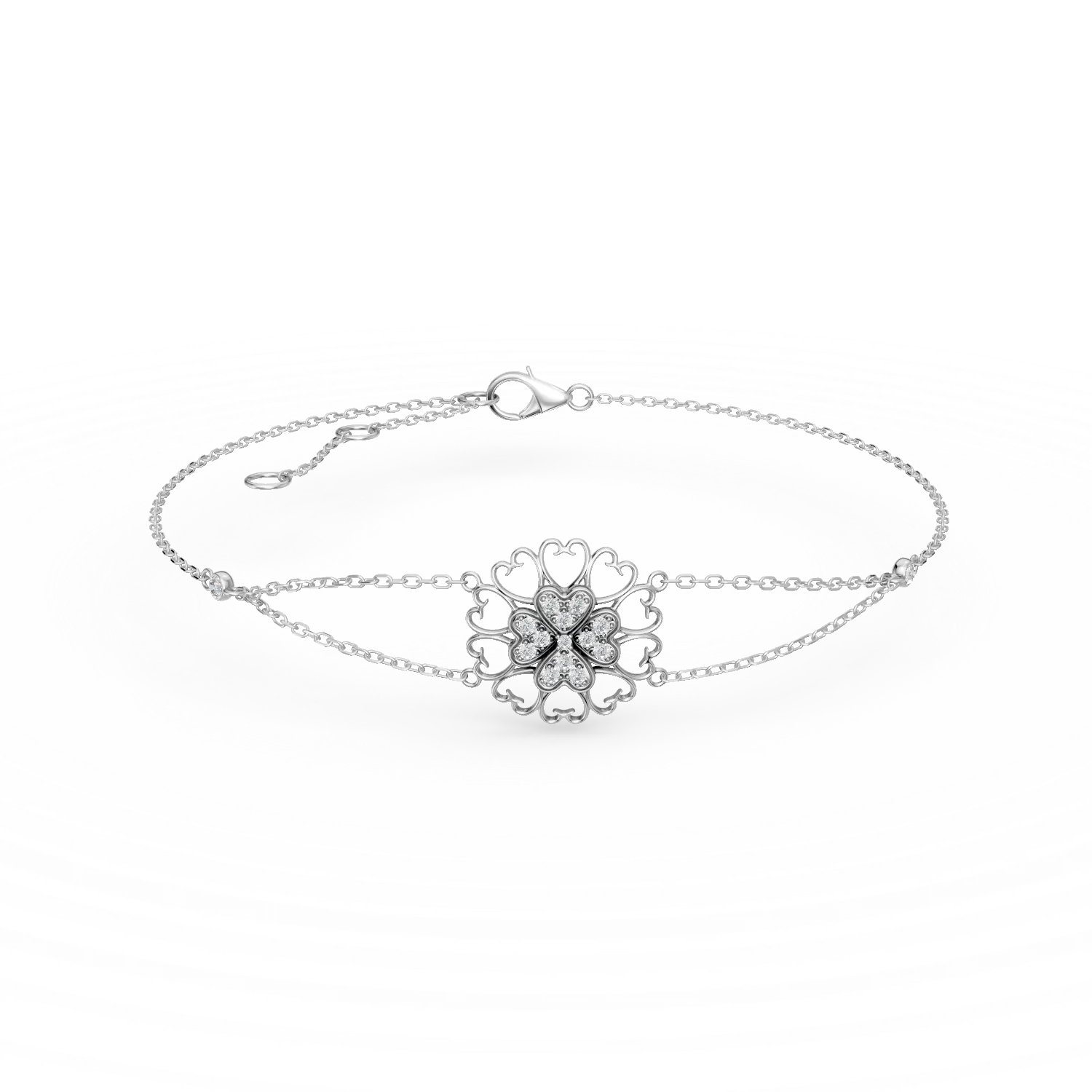 Bratara cu pandantiv floare din aur alb cu diamante de 0.1ct create in laborator