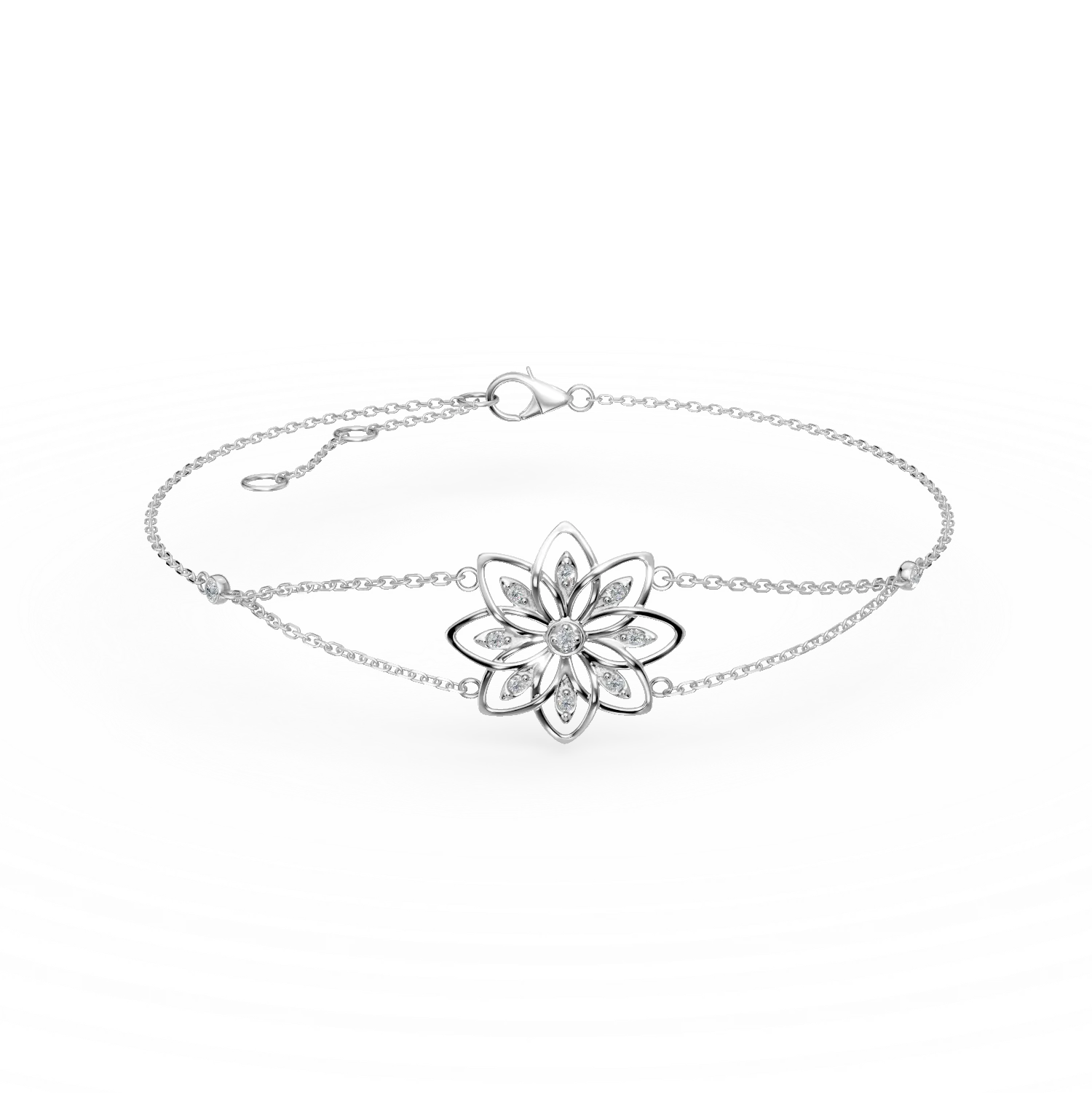 Bratara cu pandantiv floare din aur alb cu diamante de 0.1ct create in laborator