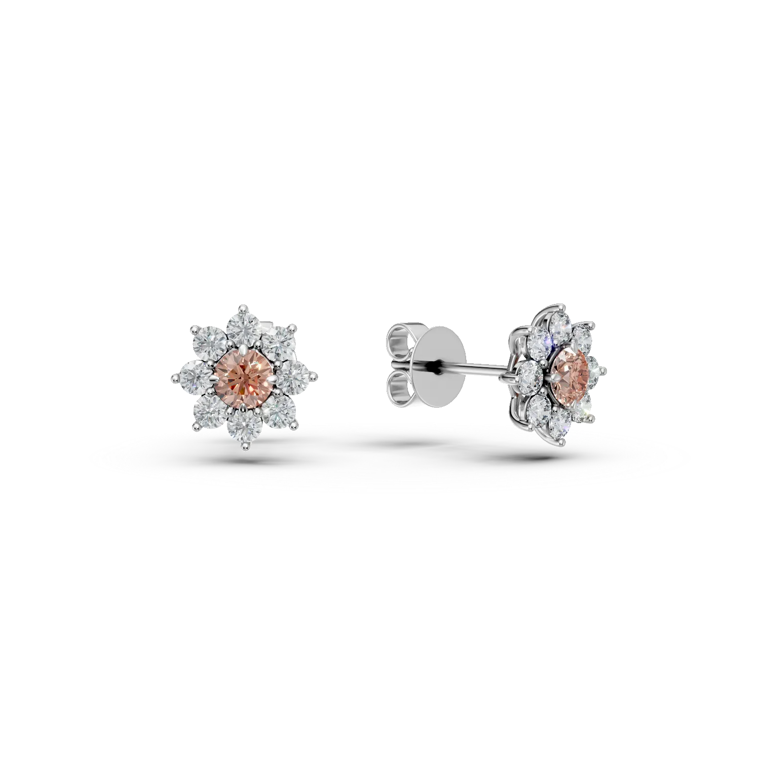 Cercei floare din aur alb cu diamante fancy roz si diamante incolore de 2.5ct create in laborator