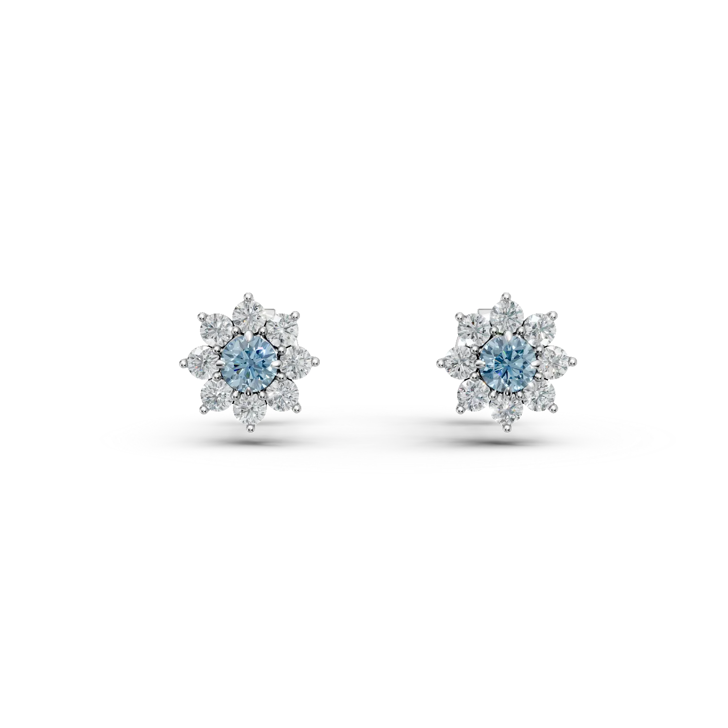 Cercei floare din aur alb cu diamante fancy albastre si diamante incolore de 2.5ct create in laborator