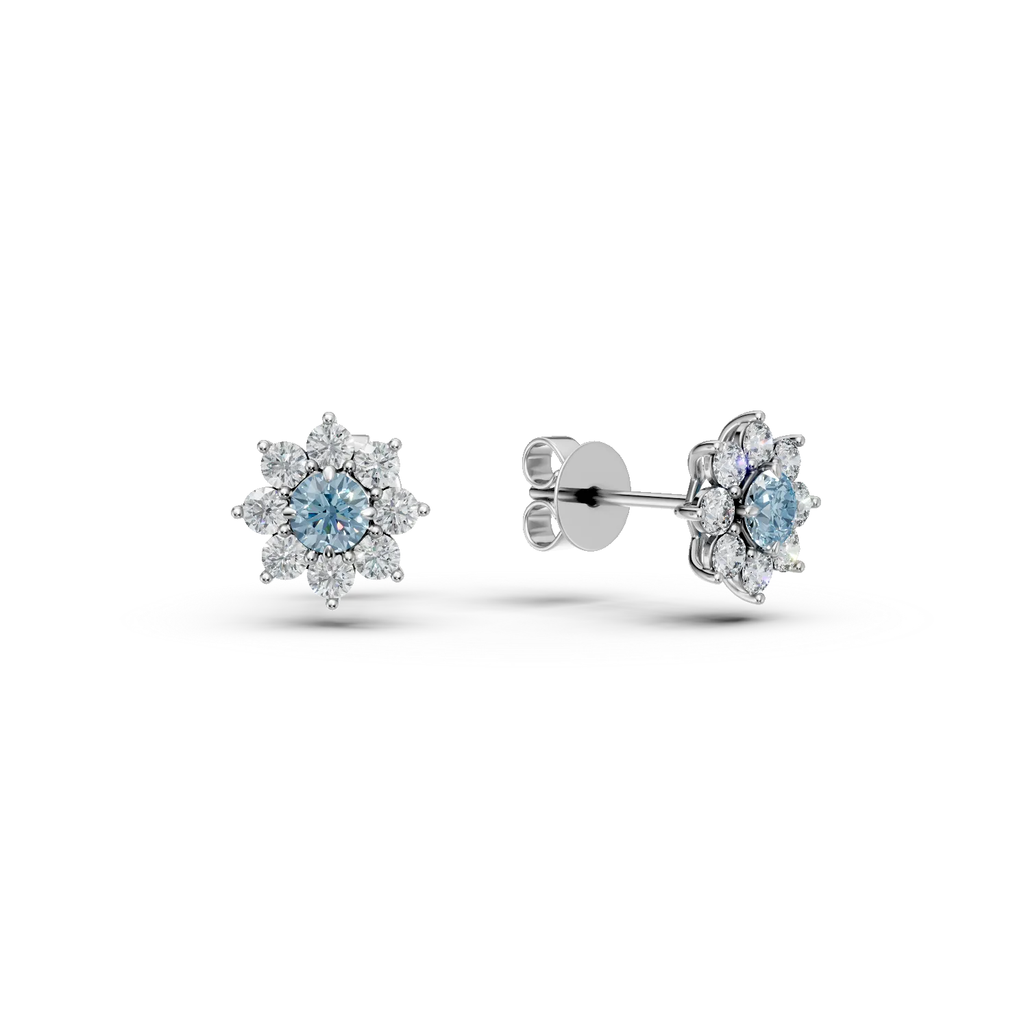Cercei floare din aur alb cu diamante fancy albastre si diamante incolore de 2.5ct create in laborator