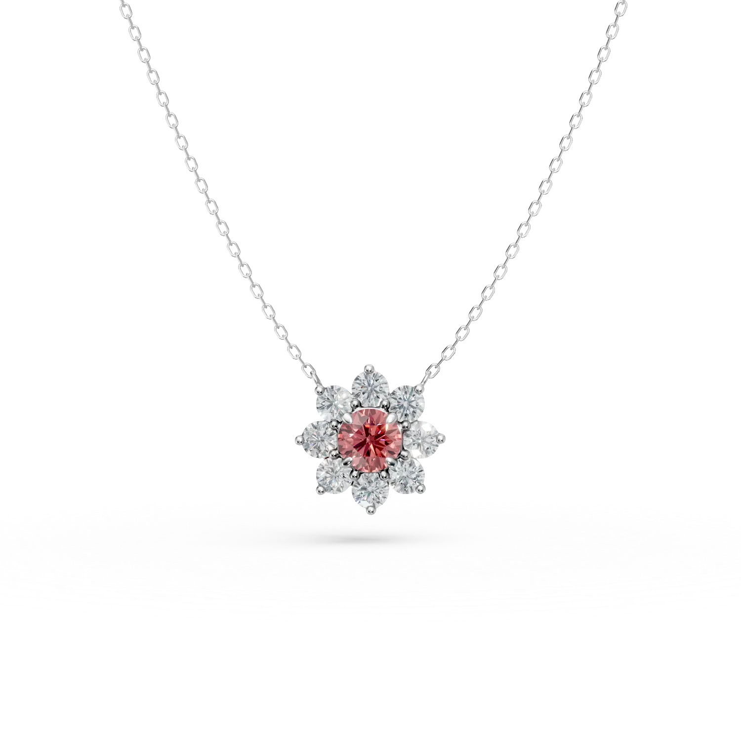 Lant cu pandantiv floare din aur alb cu diamant fancy roz si diamante incolore de 2.3ct create in laborator