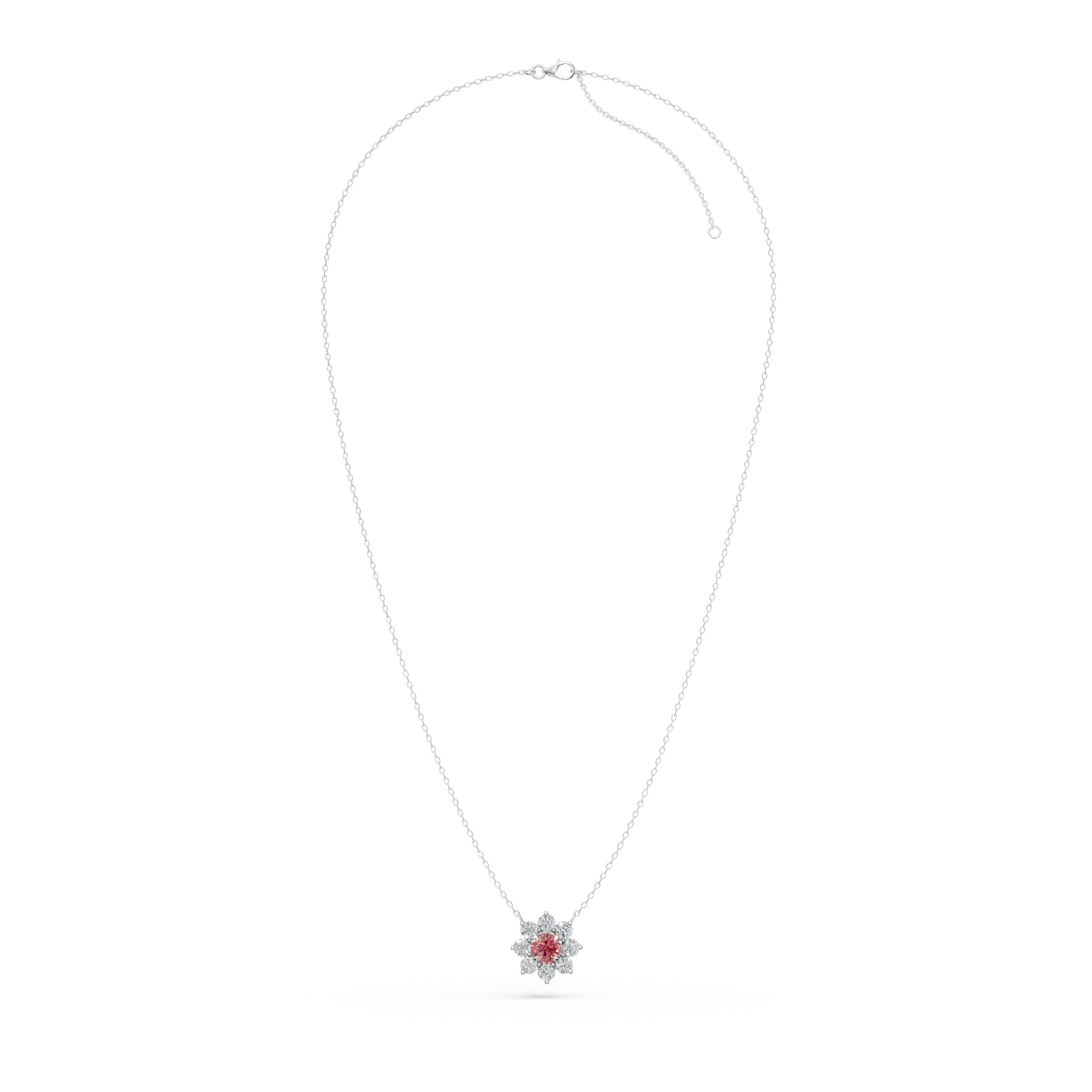 Lant cu pandantiv floare din aur alb cu diamant fancy roz si diamante incolore de 2.3ct create in laborator