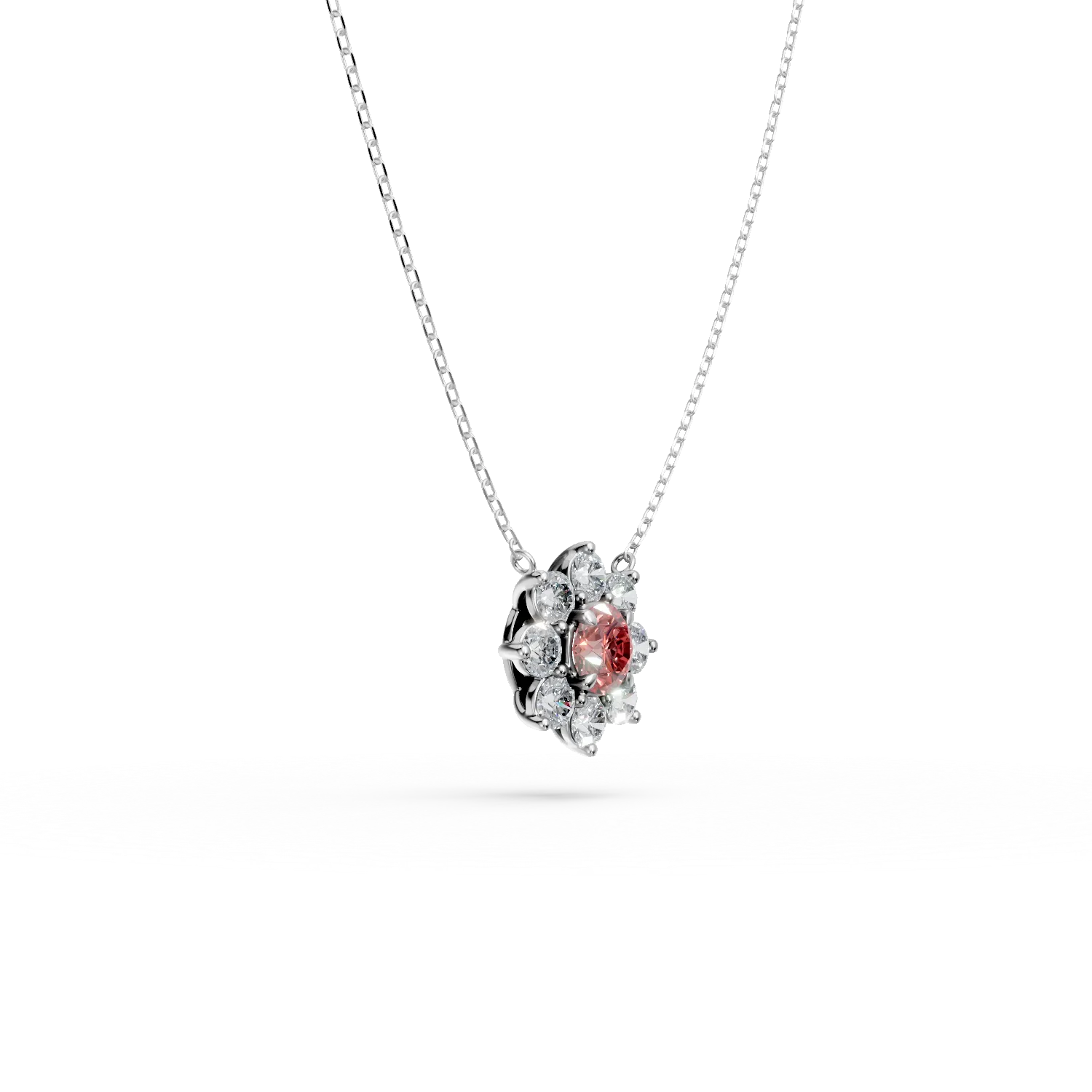 Lant cu pandantiv floare din aur alb cu diamant fancy roz si diamante incolore de 2.3ct create in laborator