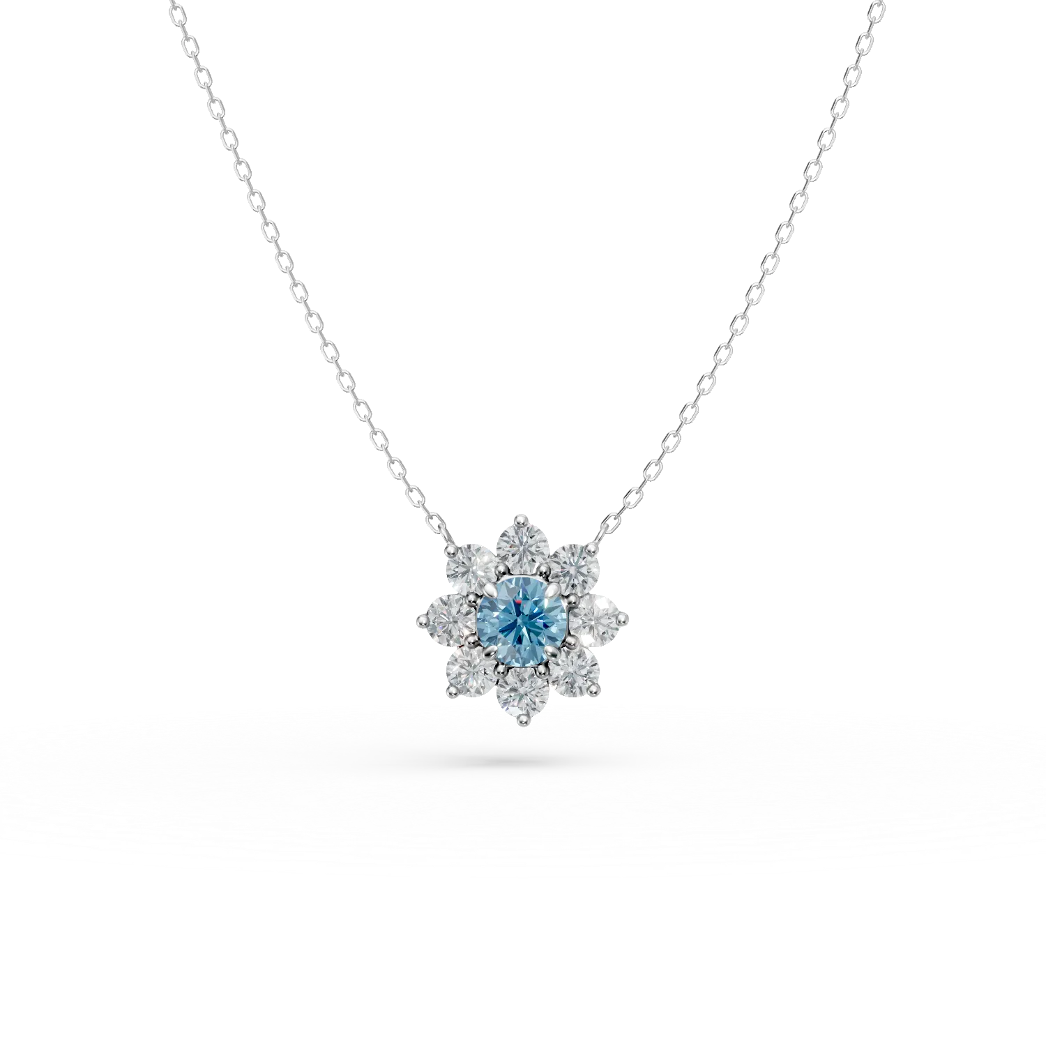 Lant cu pandantiv din aur alb cu diamant fancy albastru si diamante incolore de 2.2ct create in laborator