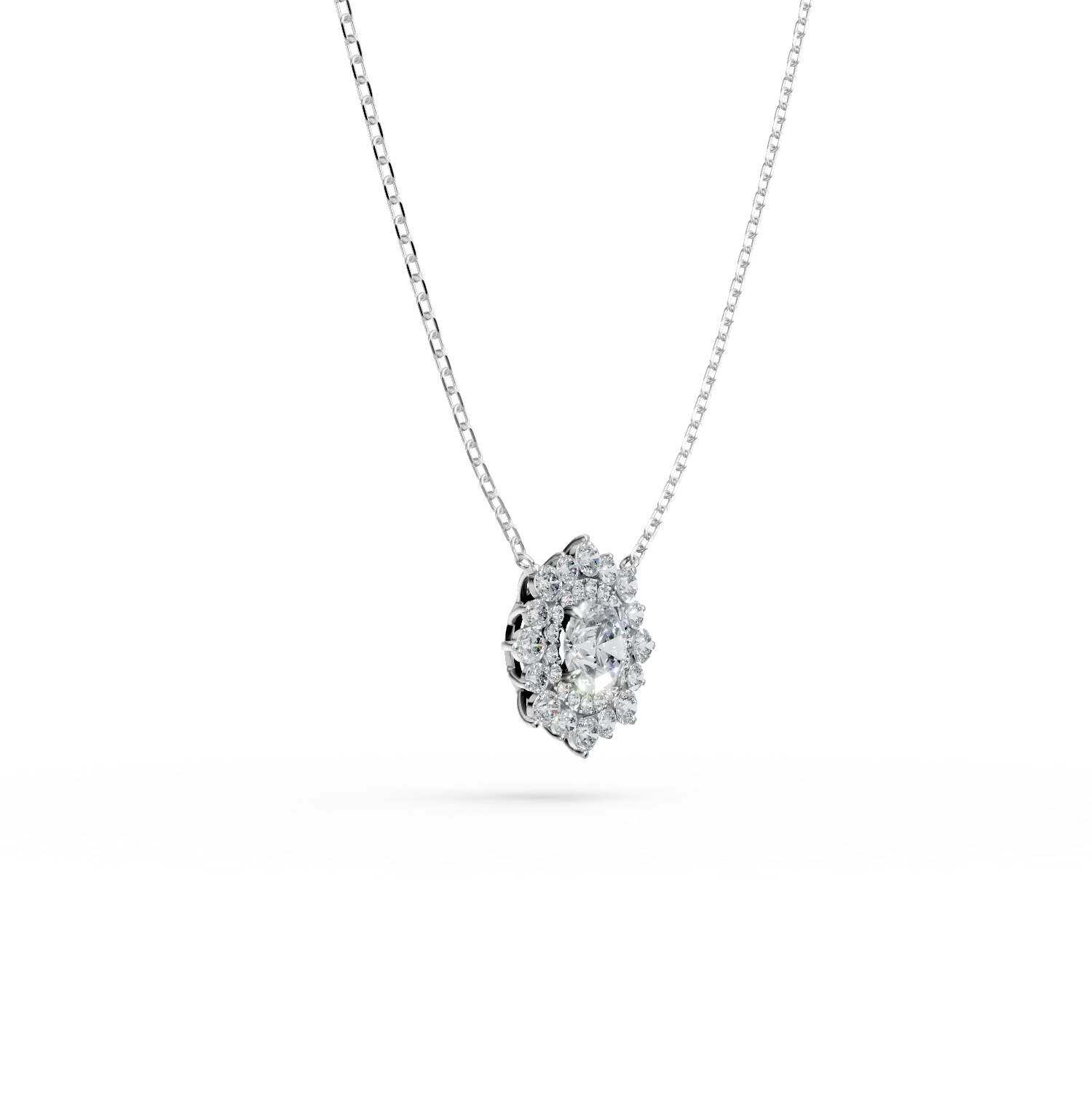Lant cu pandantiv floare din aur alb cu diamante de 1.9ct create in laborator