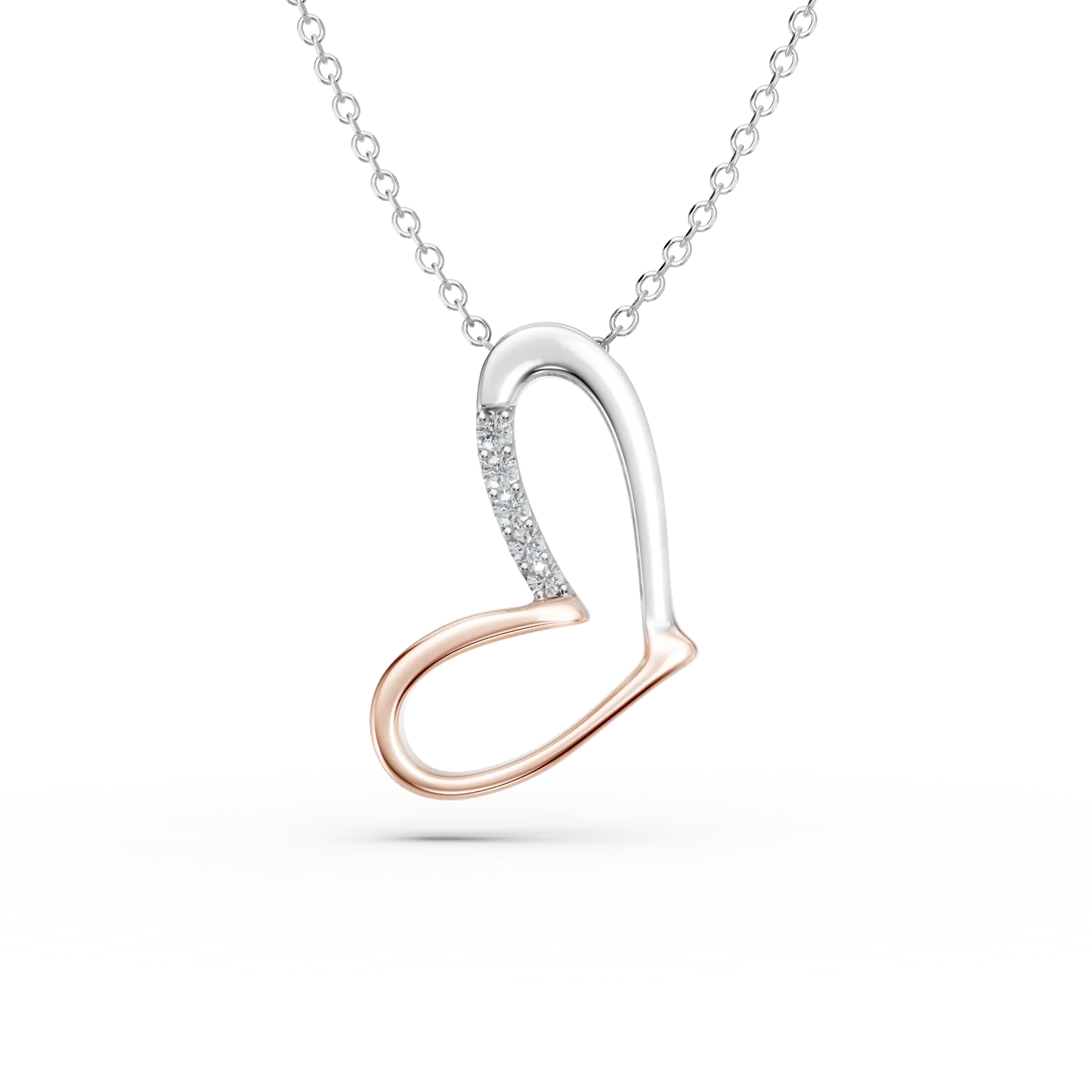 Lant cu pandantiv inima din aur alb-roz cu zirconii