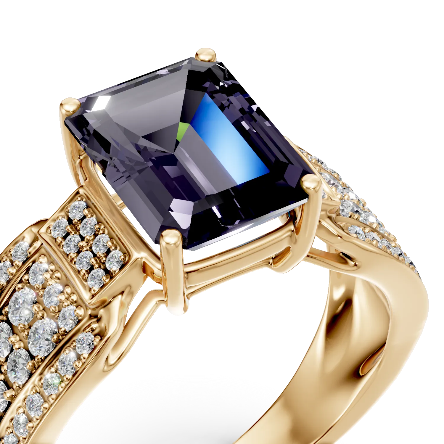 Inel din aur galben cu alexandrit si diamante de 5.36ct create in laborator