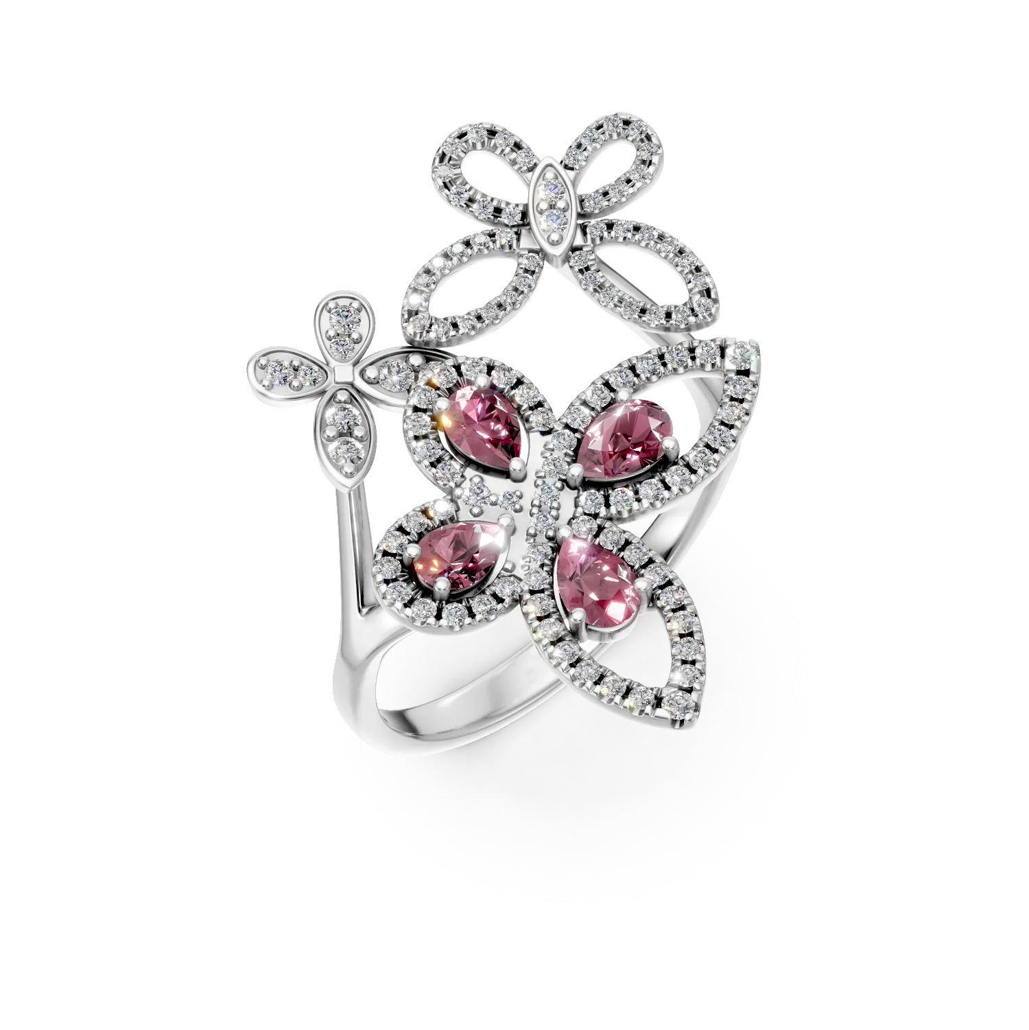 Inel cu fluturi din argint cu turmaline roz de 0.61ct si zirconii