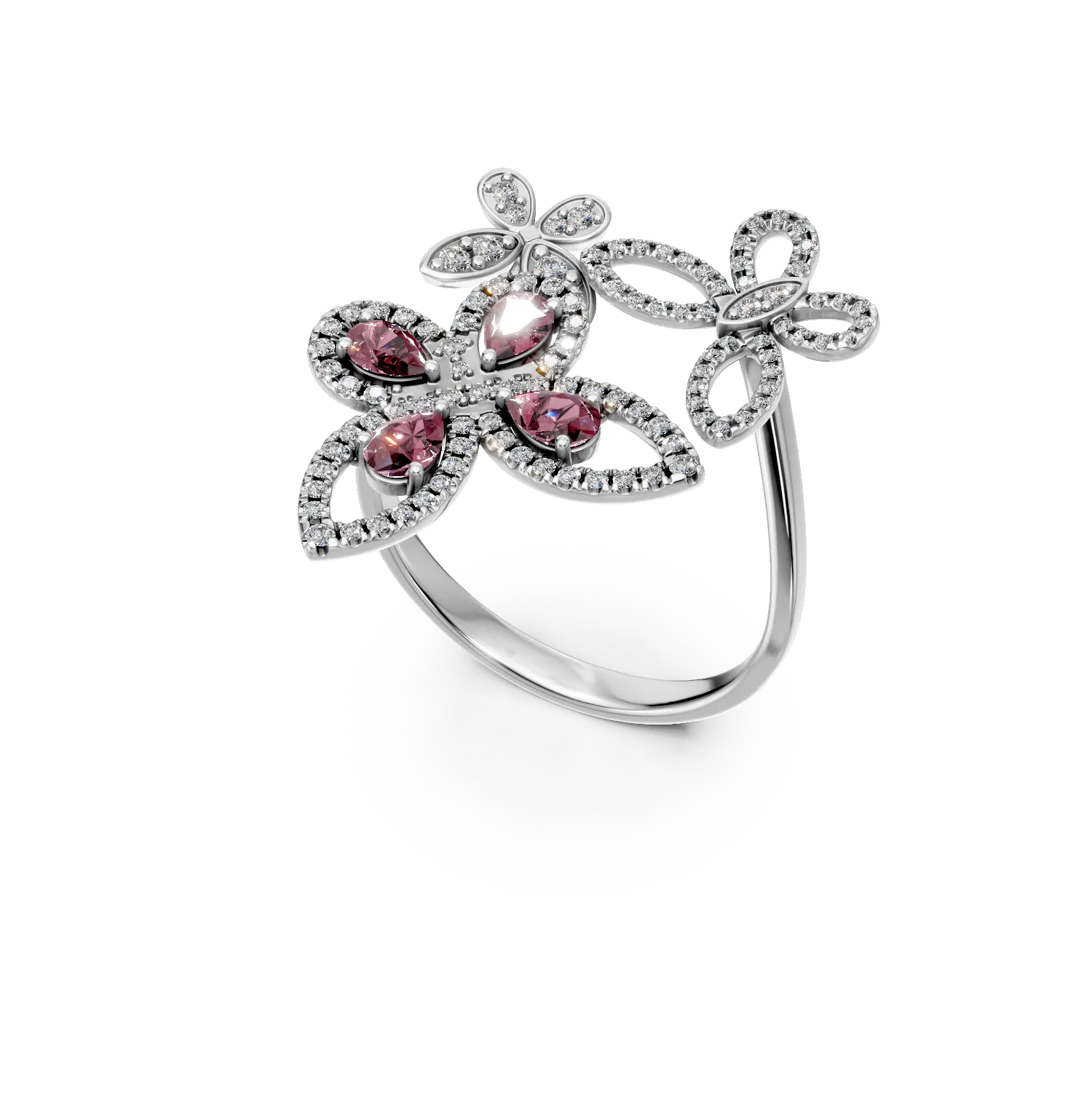 Inel cu fluturi din argint cu turmaline roz de 0.61ct si zirconii