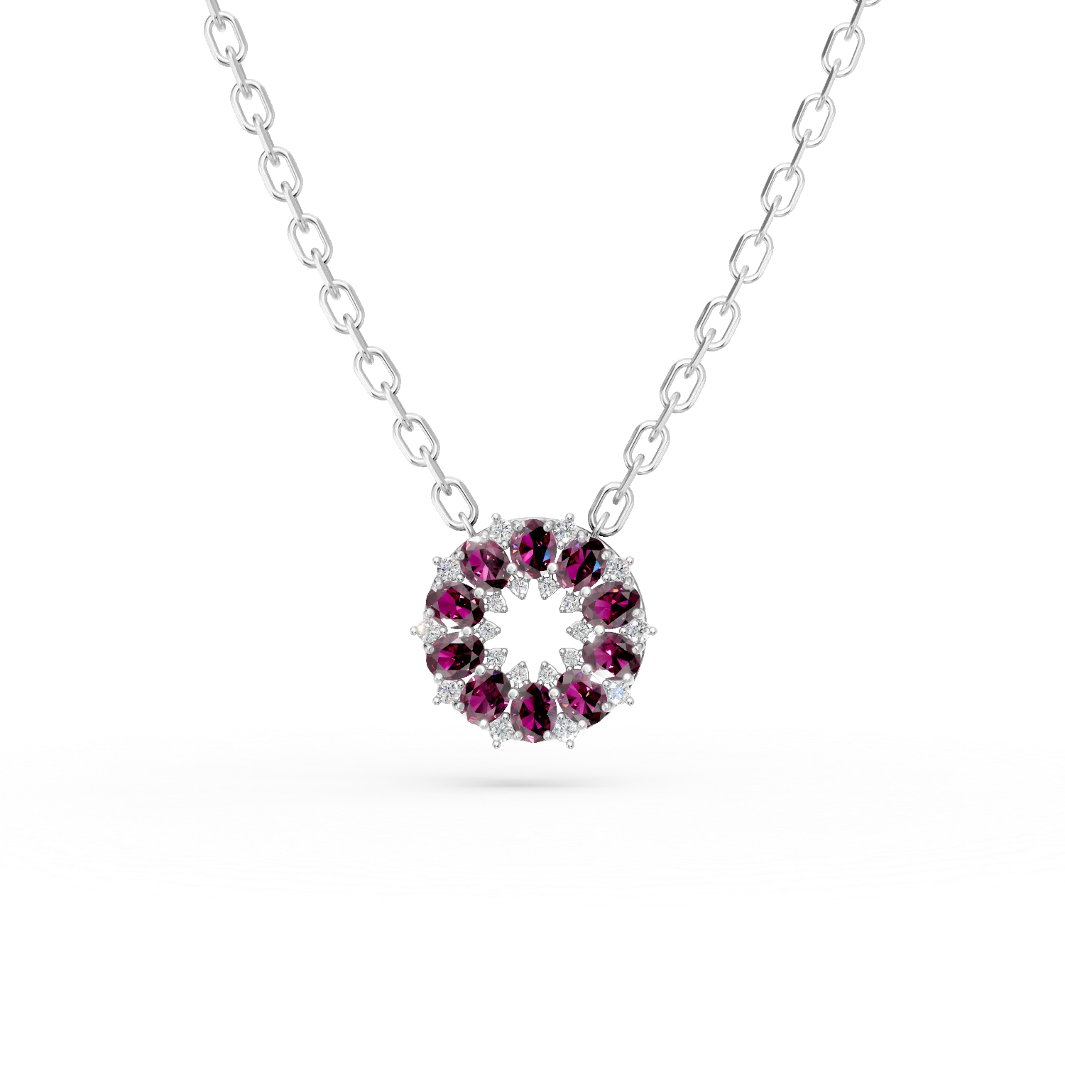 Lant cu pandantiv rotund din argint cu rodolite rosii de 2.16ct si zirconii