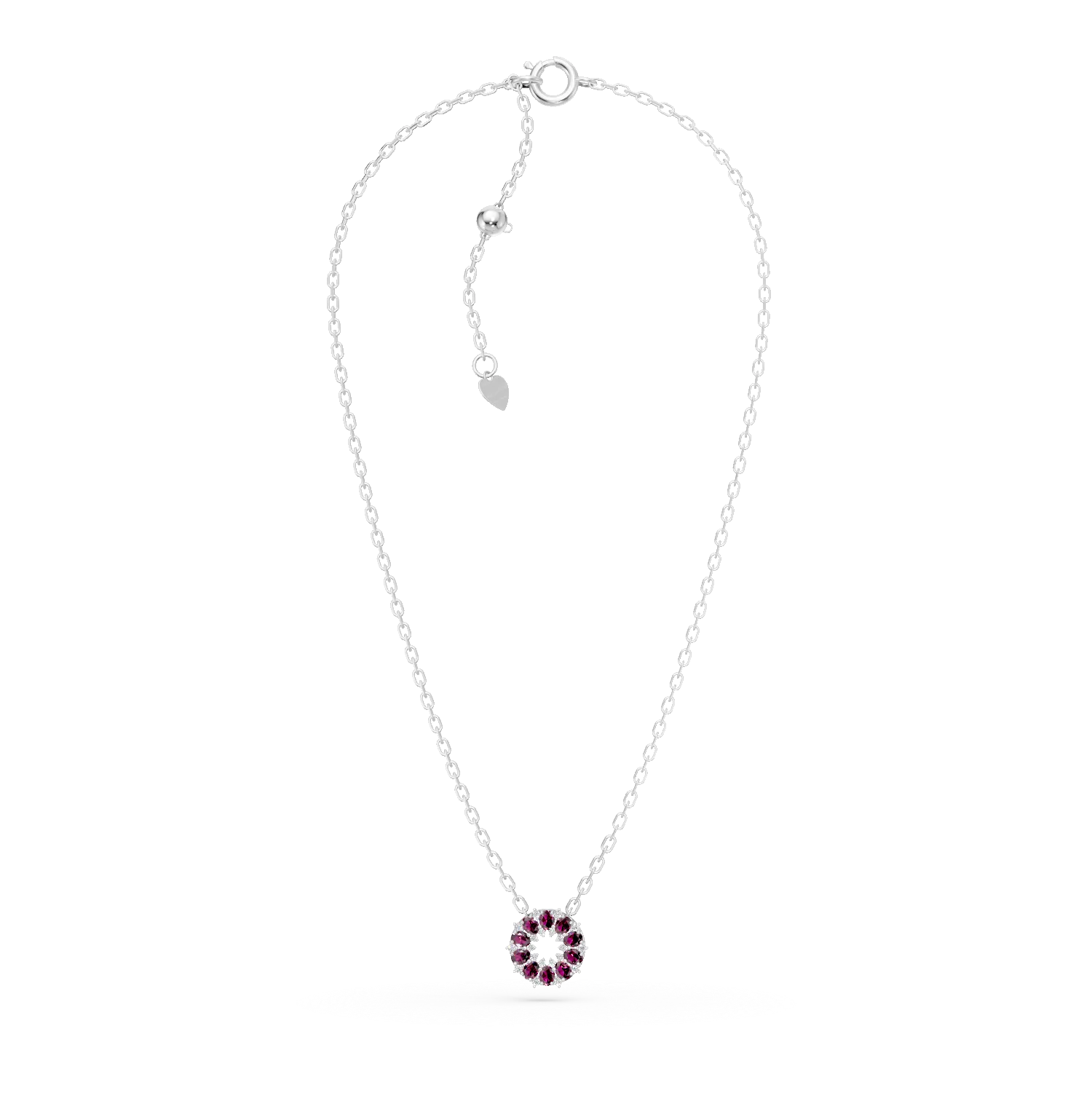 Lant cu pandantiv rotund din argint cu rodolite rosii de 2.16ct si zirconii